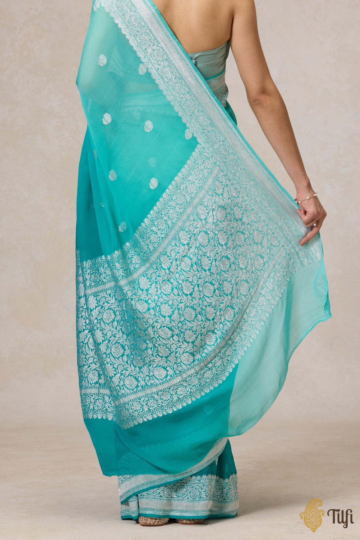 Pre-Order: Aqua Green Ombre Pure Khaddi Georgette Banarasi Handloom Saree