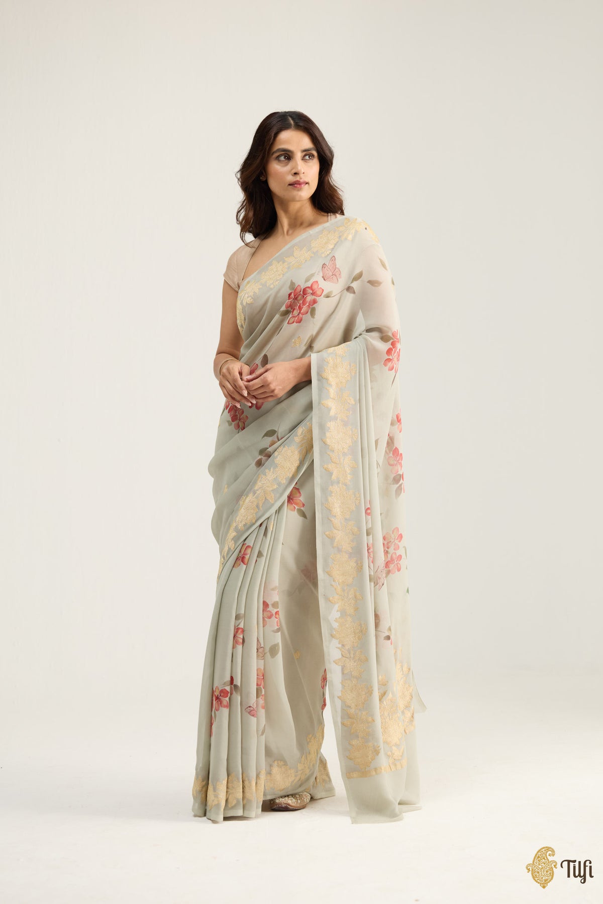 'Monarch' Sage Grey Khaddi Georgette Handpainted Banarasi Handloom Saree