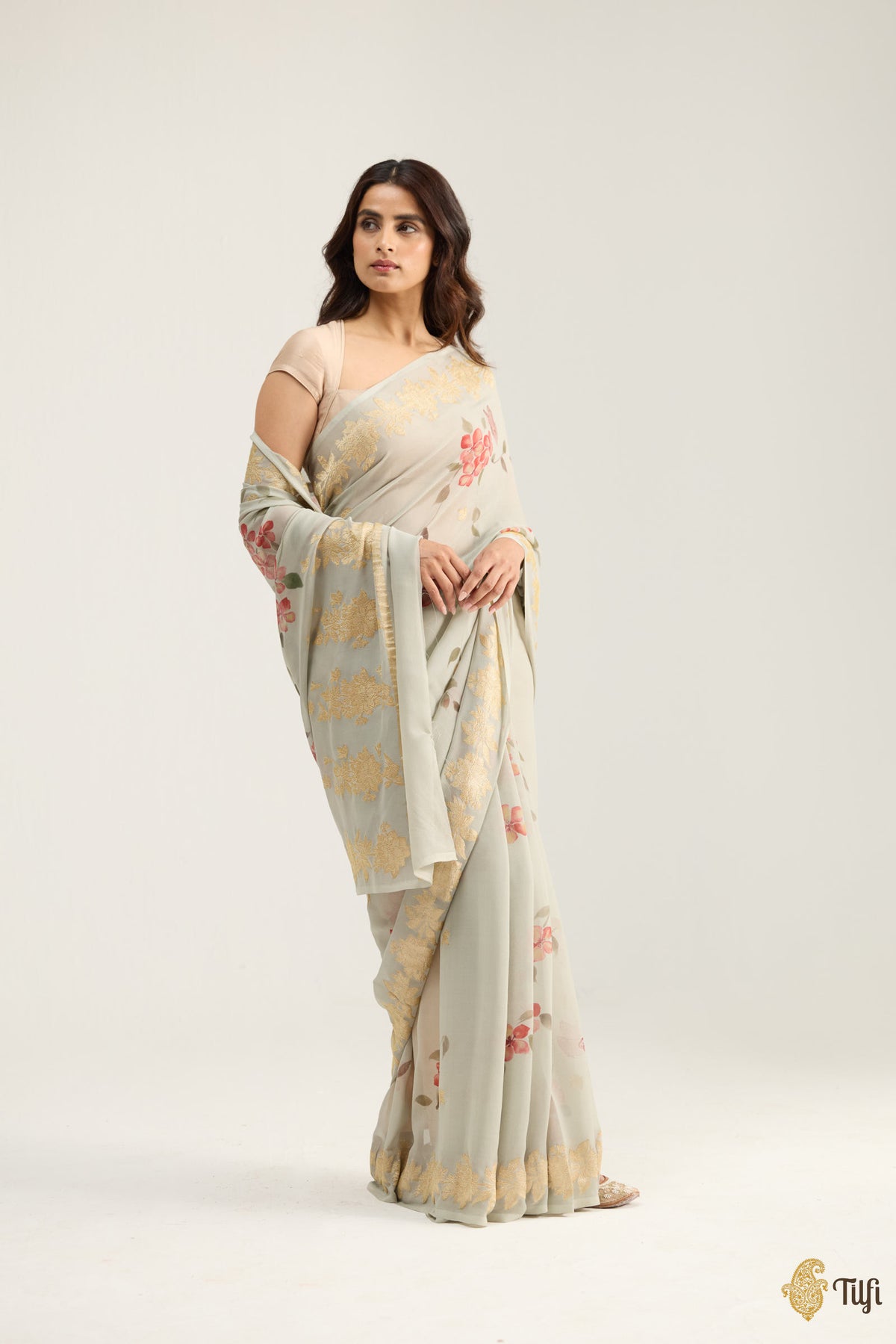 'Monarch' Sage Grey Khaddi Georgette Handpainted Banarasi Handloom Saree