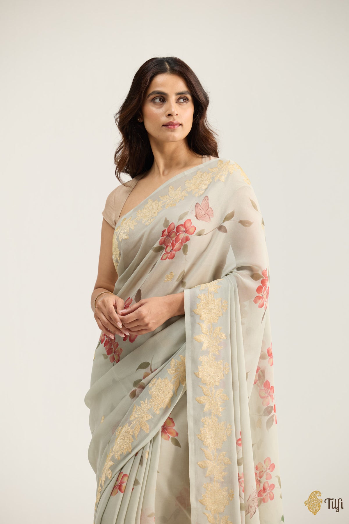 'Monarch' Sage Grey Khaddi Georgette Handpainted Banarasi Handloom Saree