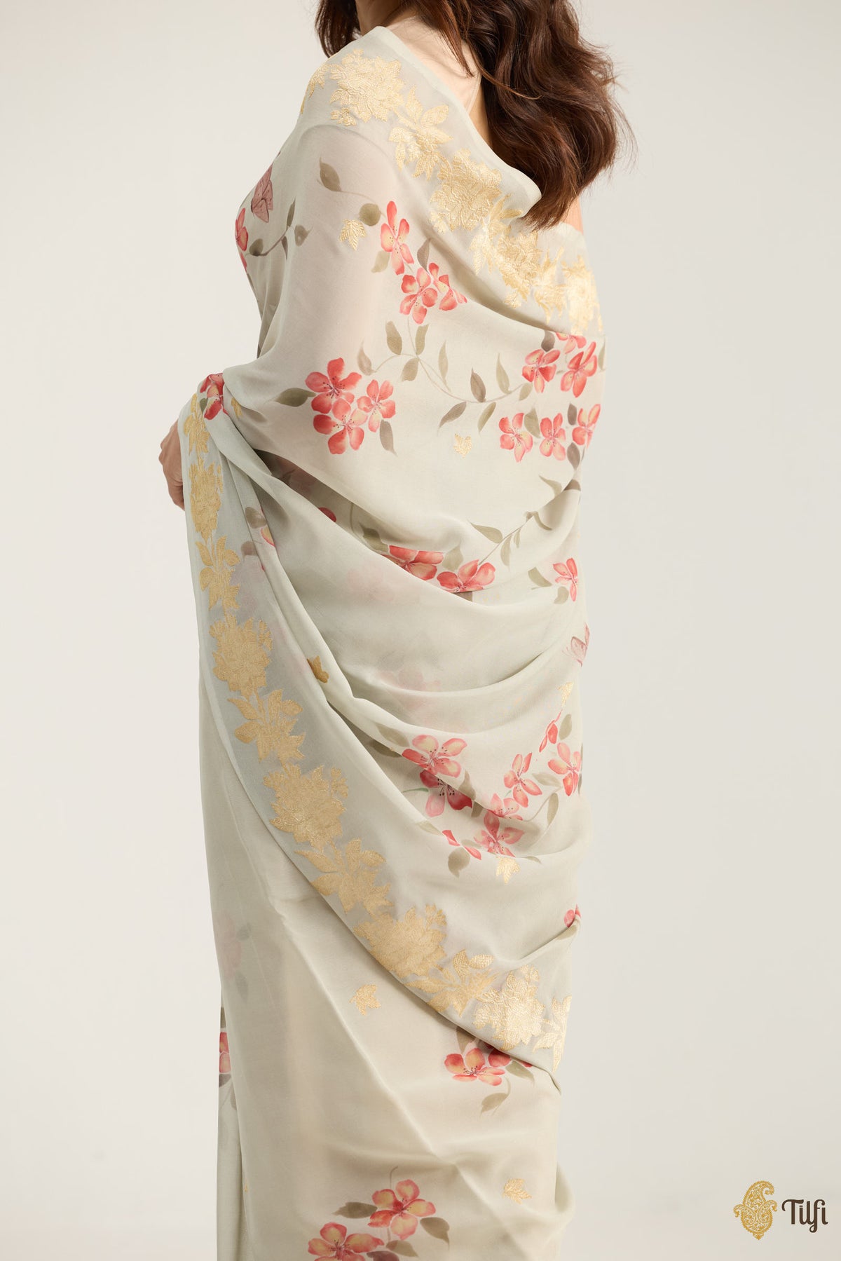 'Monarch' Sage Grey Khaddi Georgette Handpainted Banarasi Handloom Saree