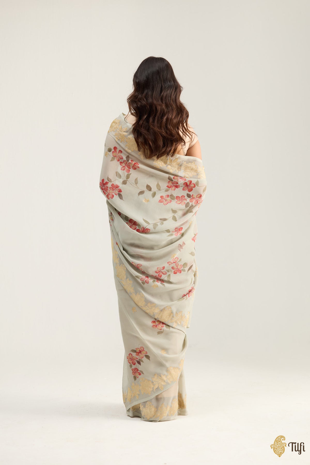 'Monarch' Sage Grey Khaddi Georgette Handpainted Banarasi Handloom Saree