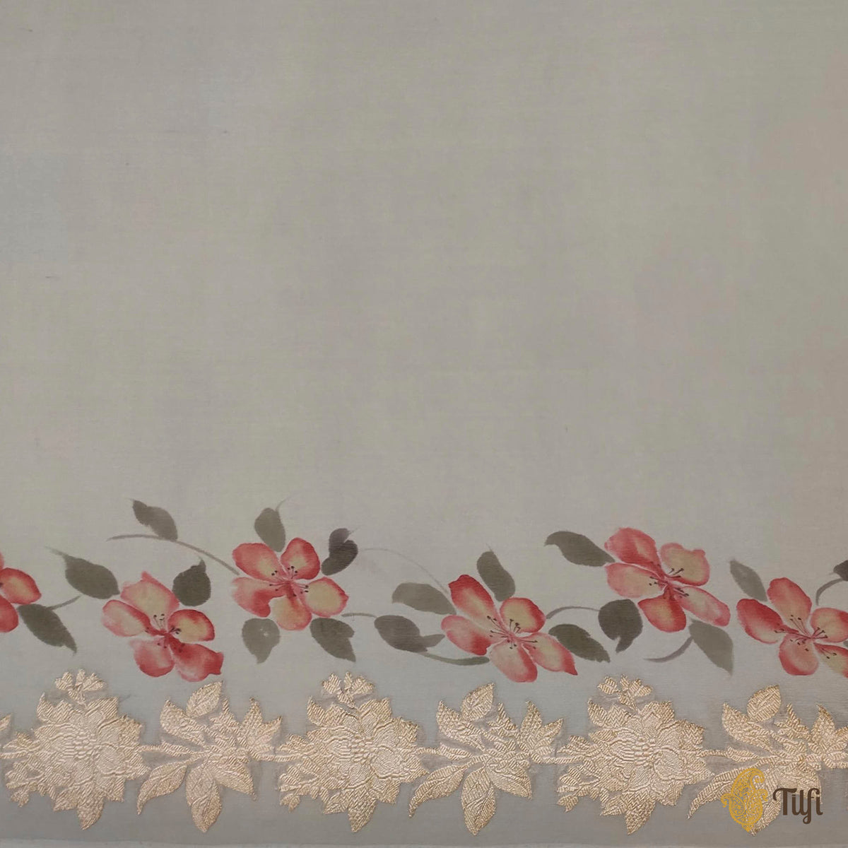 'Monarch' Sage Grey Khaddi Georgette Handpainted Banarasi Handloom Saree