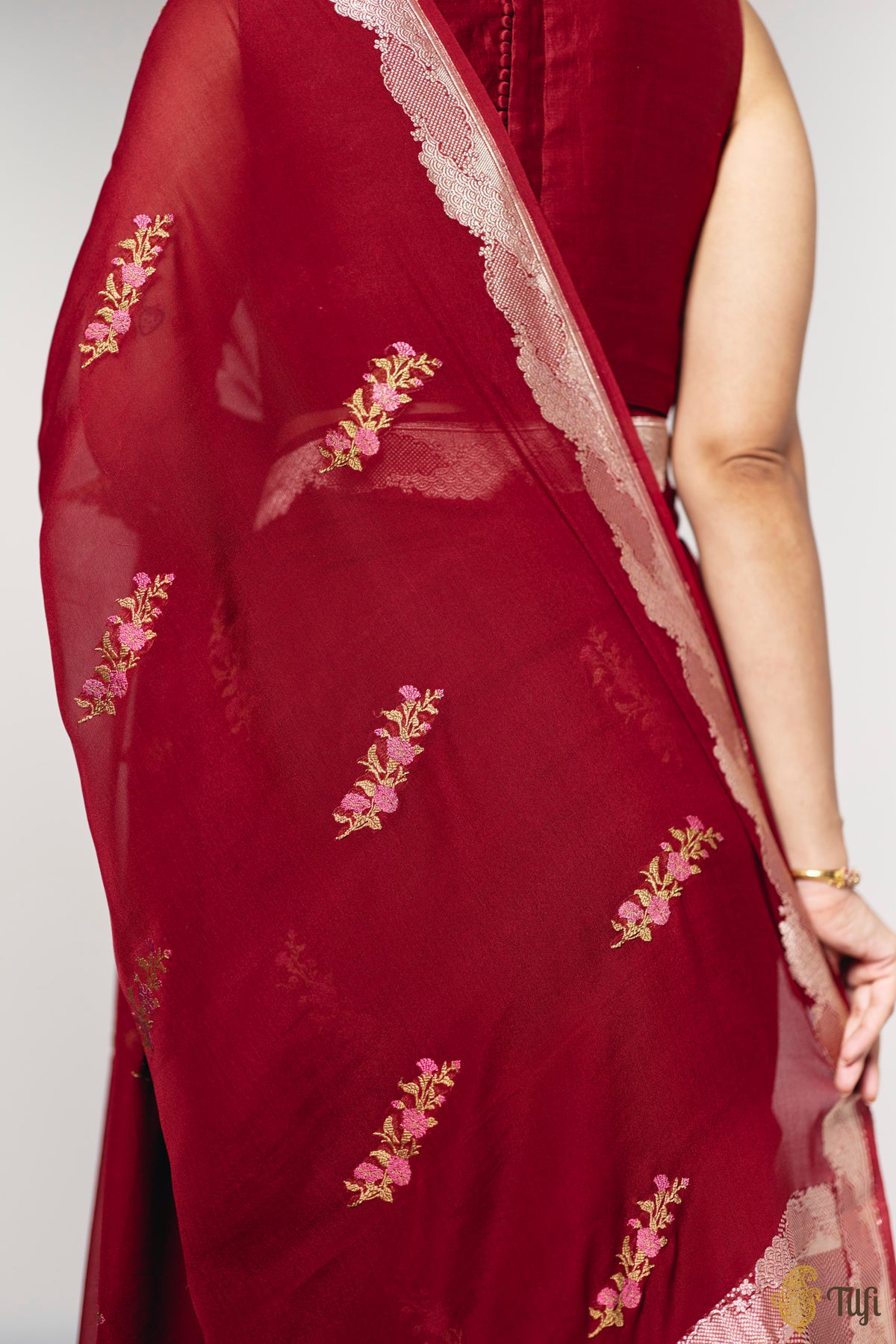 Pre-Order: 'Midnight Aries' Maroon Pure Khaddi Georgette Banarasi Handloom Saree