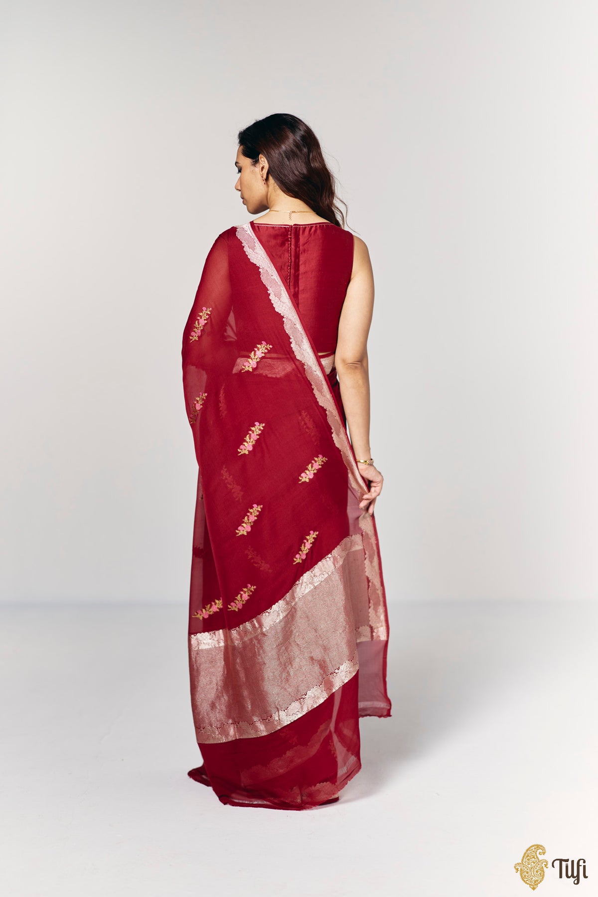 Pre-Order: 'Midnight Aries' Maroon Pure Khaddi Georgette Banarasi Handloom Saree