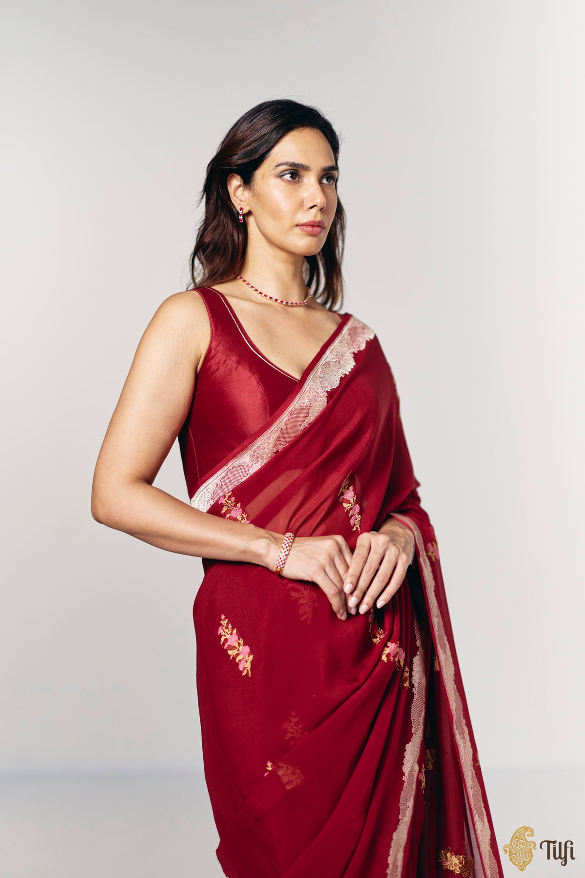 Pre-Order: 'Midnight Aries' Maroon Pure Khaddi Georgette Banarasi Handloom Saree