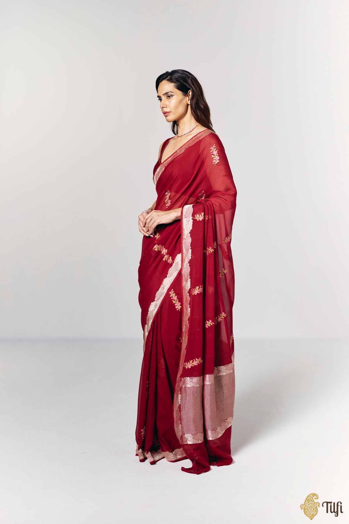 Pre-Order: 'Midnight Aries' Maroon Pure Khaddi Georgette Banarasi Handloom Saree