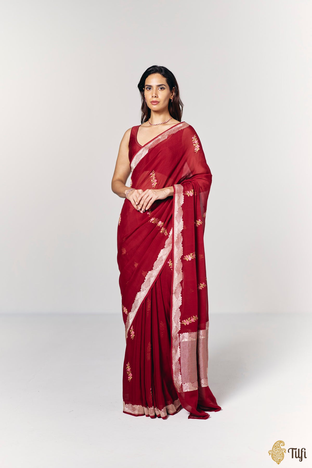 Pre-Order: 'Midnight Aries' Maroon Pure Khaddi Georgette Banarasi Handloom Saree