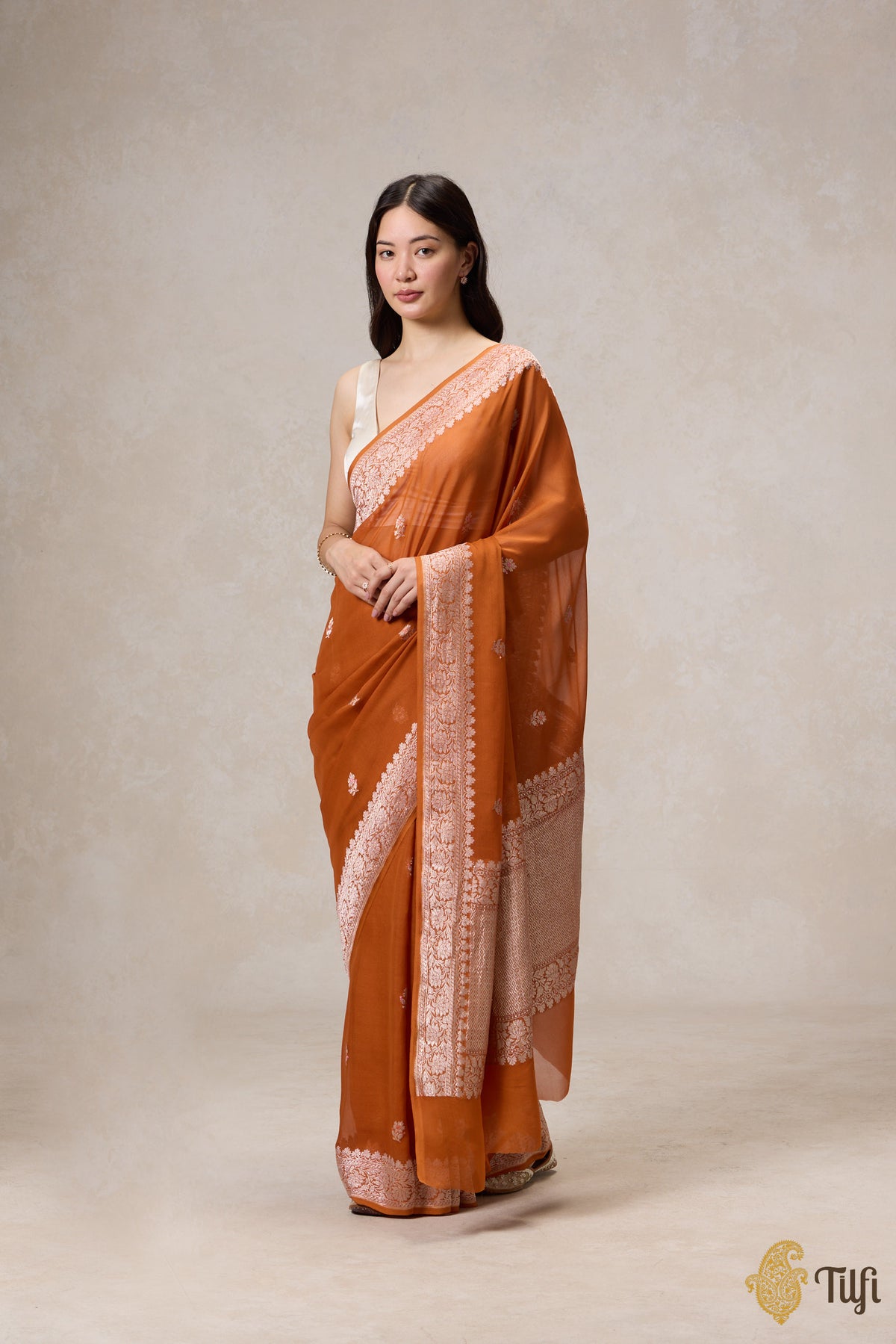 Pre-Order: Rust Orange Pure Khaddi Georgette Banarasi Handloom Saree