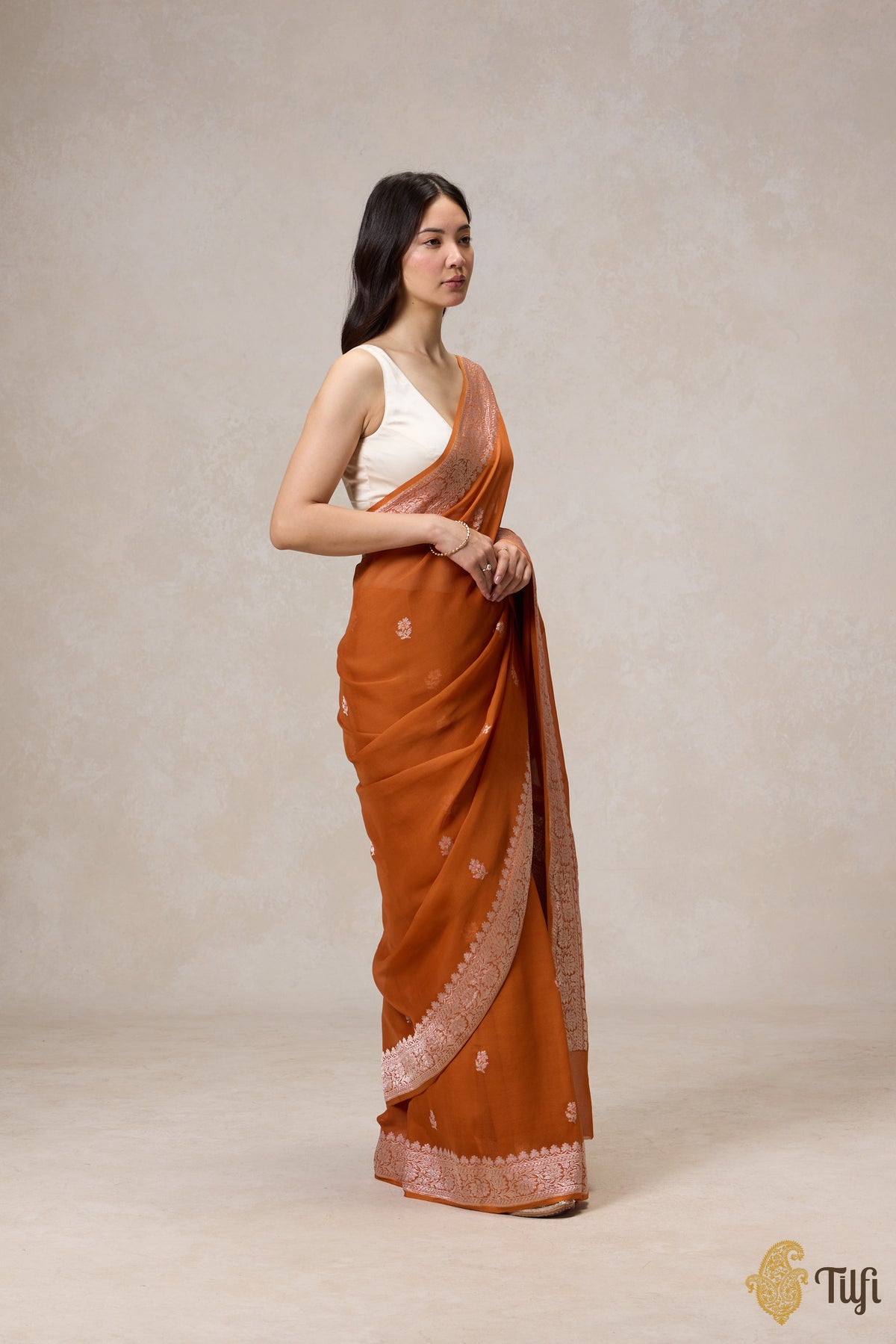 Pre-Order: Rust Orange Pure Khaddi Georgette Banarasi Handloom Saree