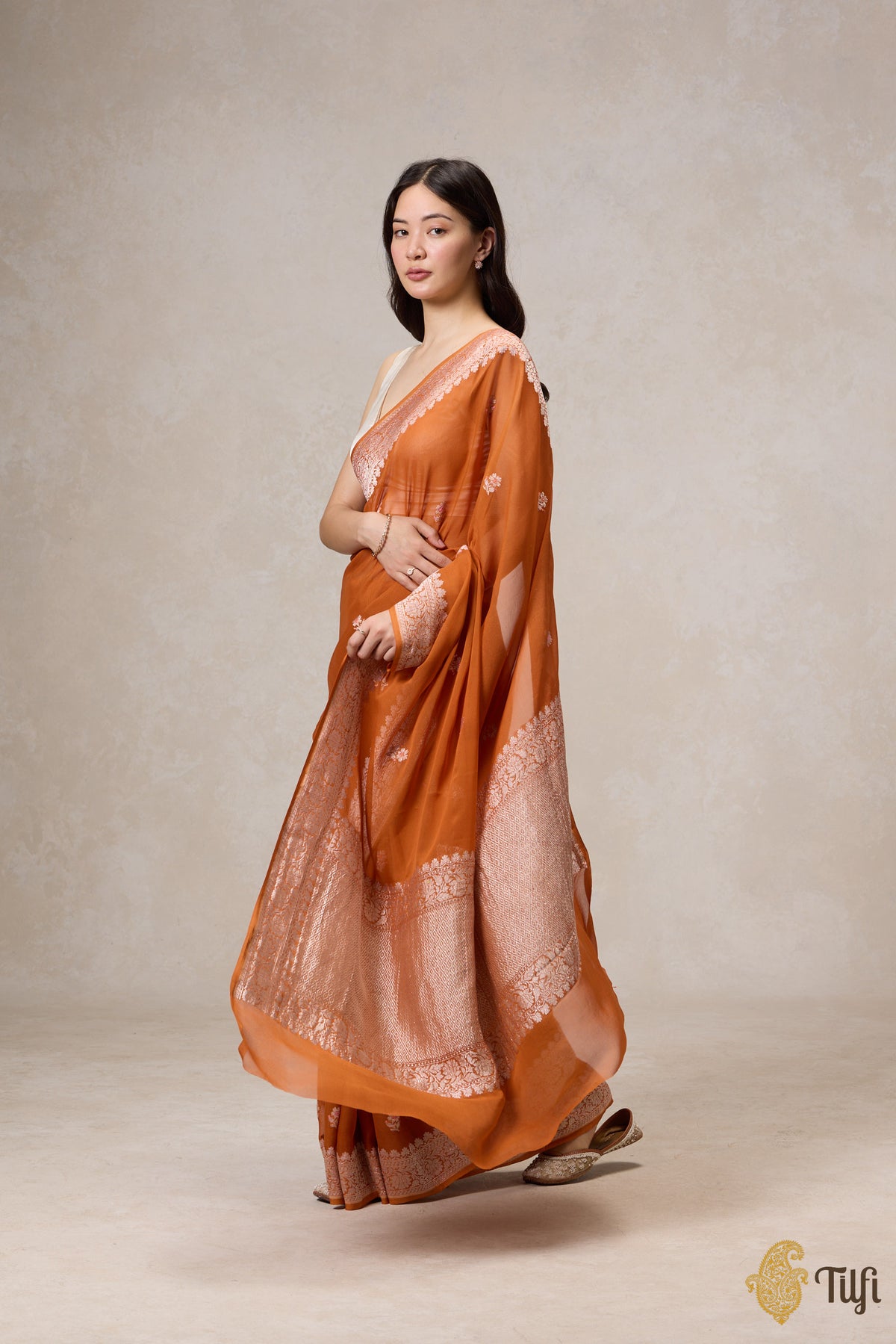 Pre-Order: Rust Orange Pure Khaddi Georgette Banarasi Handloom Saree