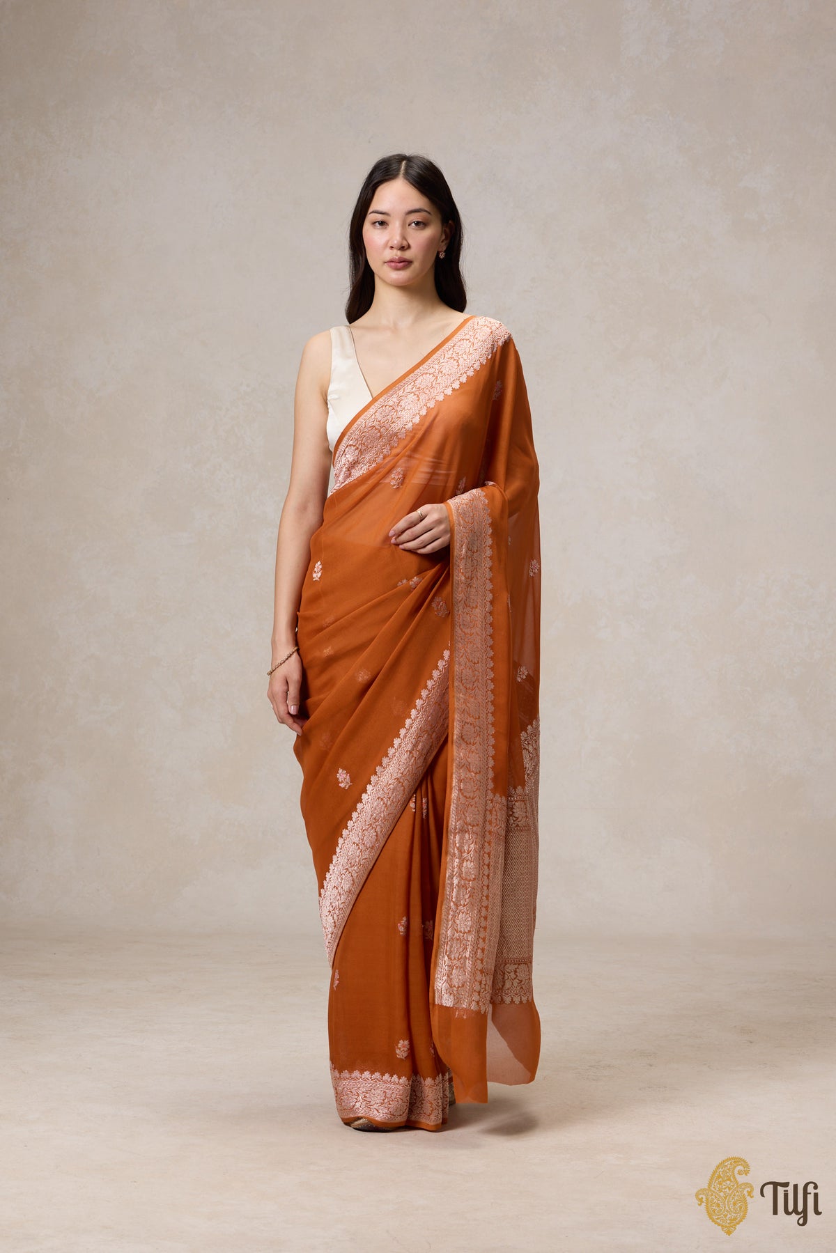 Pre-Order: Rust Orange Pure Khaddi Georgette Banarasi Handloom Saree