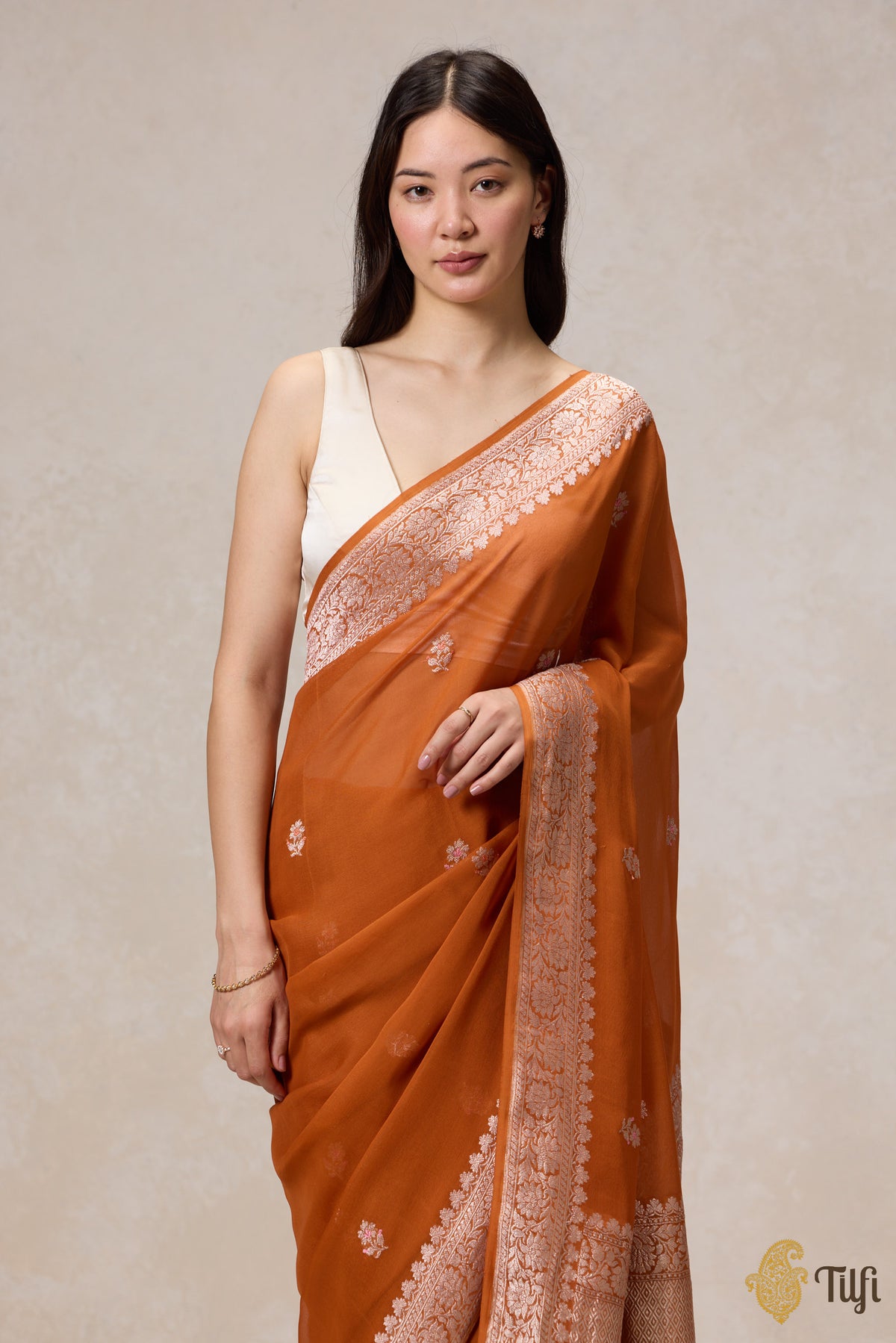 Pre-Order: Rust Orange Pure Khaddi Georgette Banarasi Handloom Saree