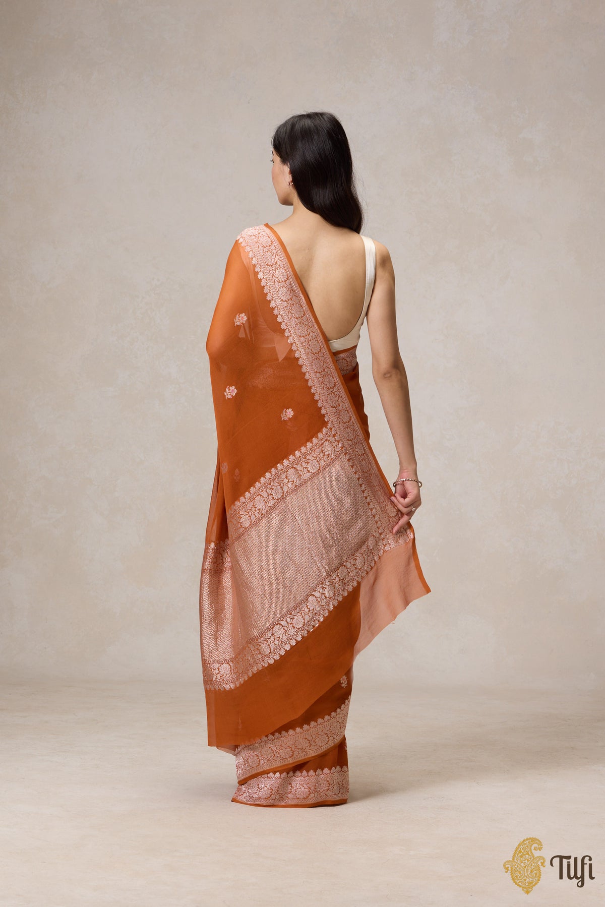 Pre-Order: Rust Orange Pure Khaddi Georgette Banarasi Handloom Saree