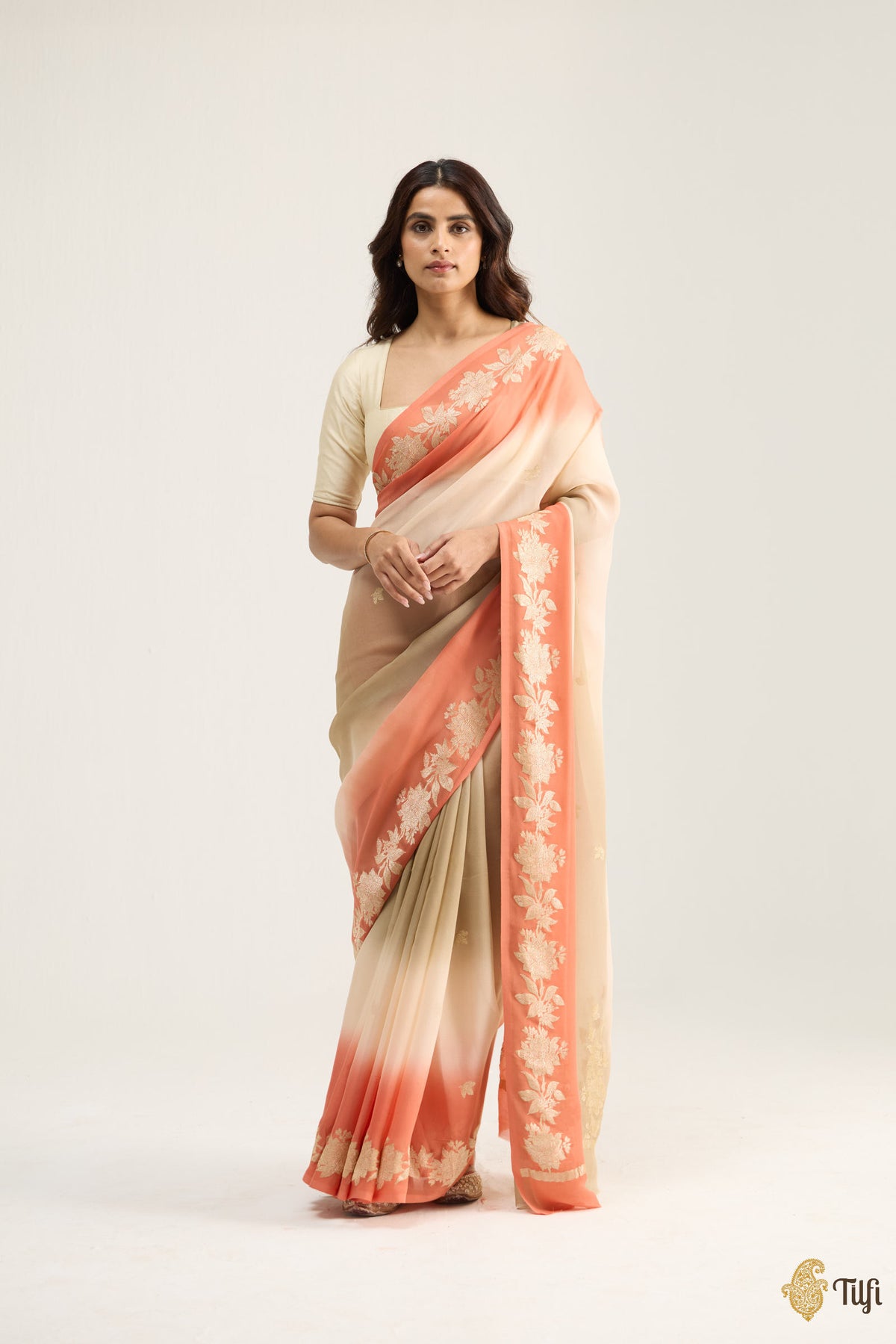 Pre-Order: 'Meadow' Dusky Brown and Light Peach Ombré Pure Khaddi Georgette Banarasi Handloom Saree