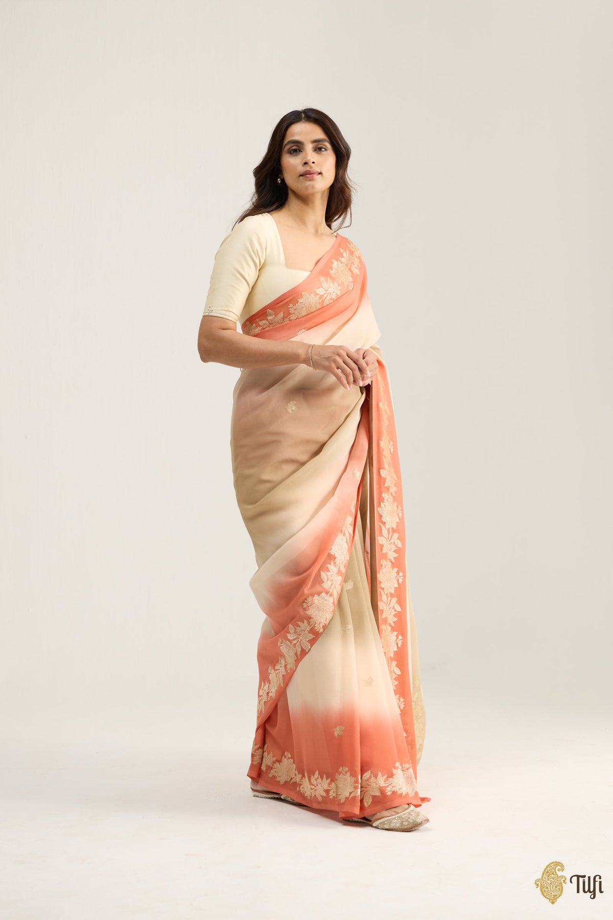 Pre-Order: 'Meadow' Dusky Brown and Light Peach Ombré Pure Khaddi Georgette Banarasi Handloom Saree
