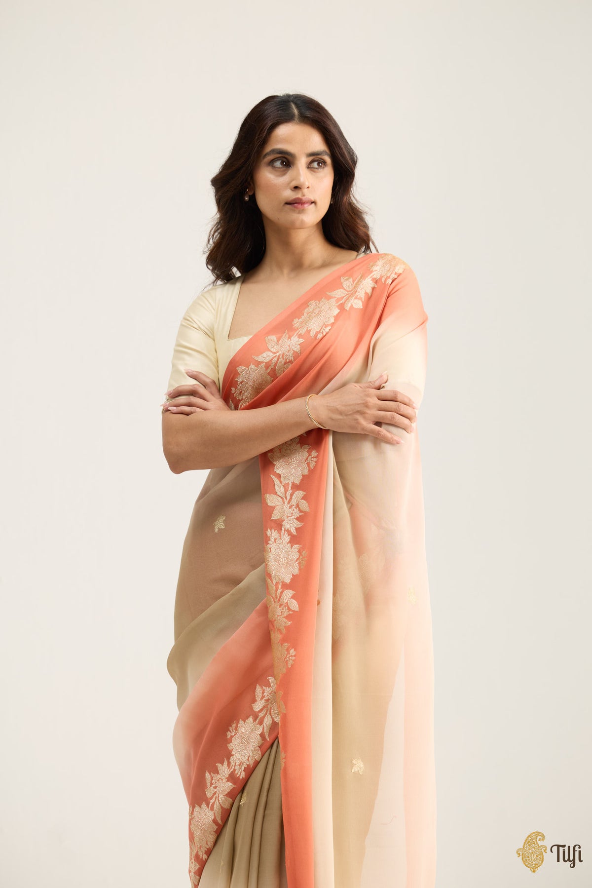 Pre-Order: 'Meadow' Dusky Brown and Light Peach Ombré Pure Khaddi Georgette Banarasi Handloom Saree