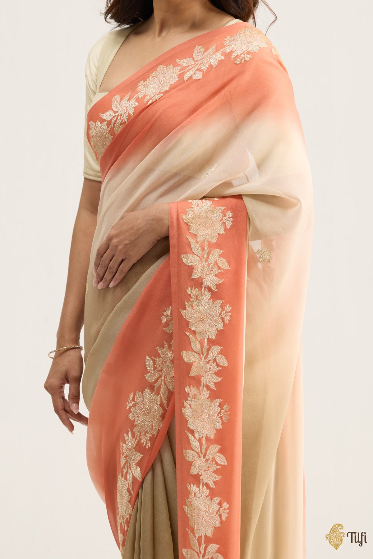 Pre-Order: 'Meadow' Dusky Brown and Light Peach Ombré Pure Khaddi Georgette Banarasi Handloom Saree