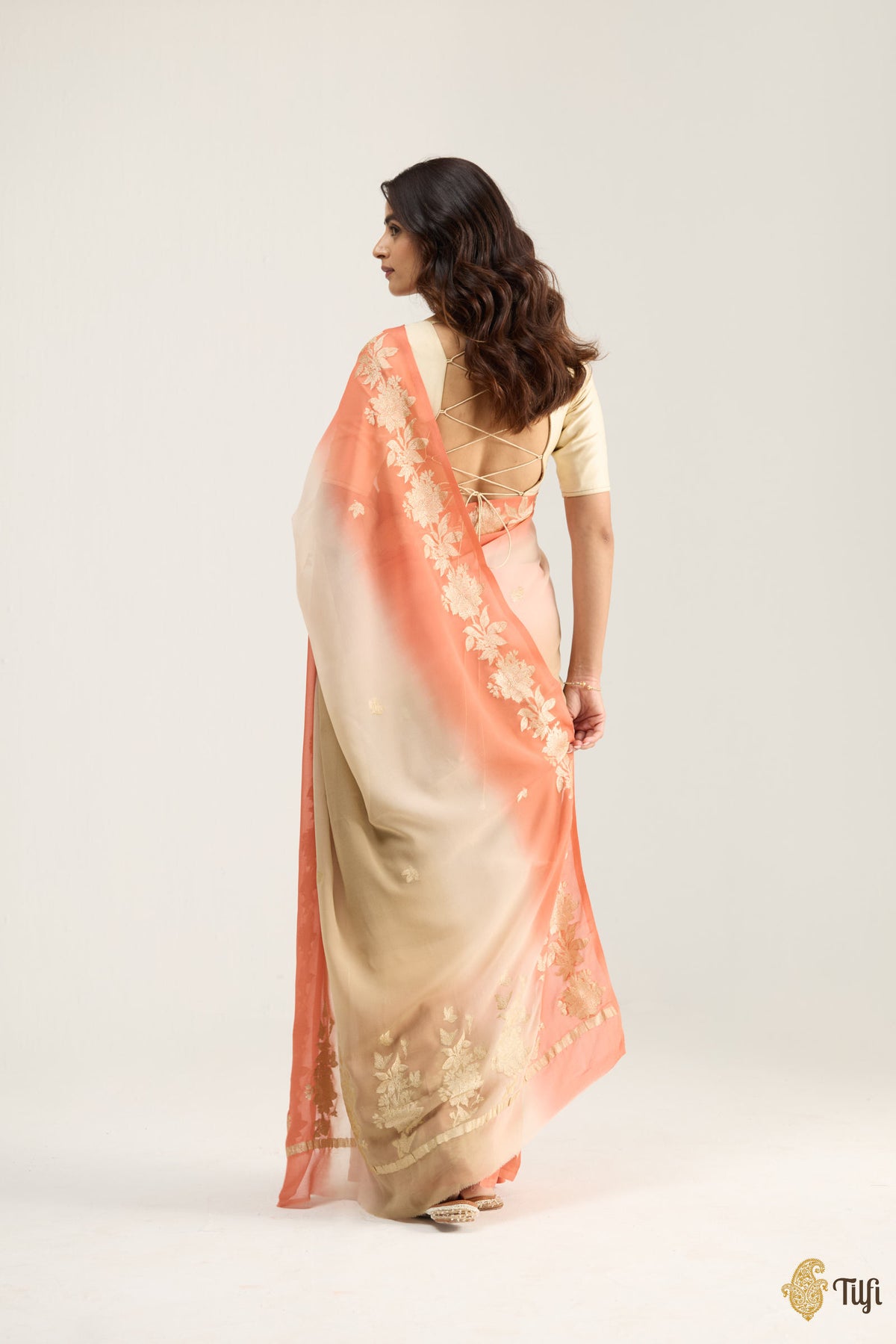 Pre-Order: 'Meadow' Dusky Brown and Light Peach Ombré Pure Khaddi Georgette Banarasi Handloom Saree