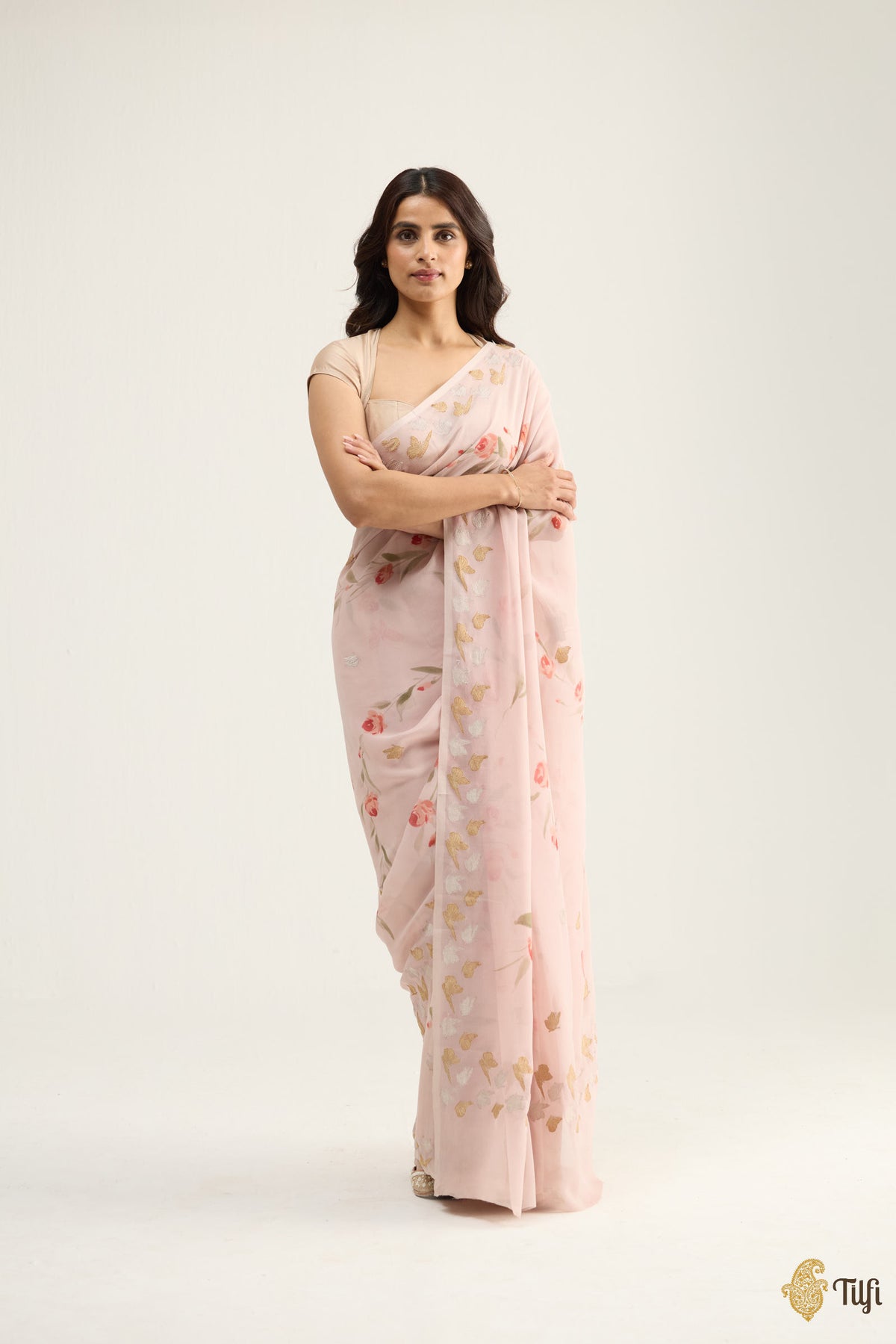 'Painted Lady' Pale Pink Pure Khaddi Georgette Handpainted Banarasi Handloom Saree