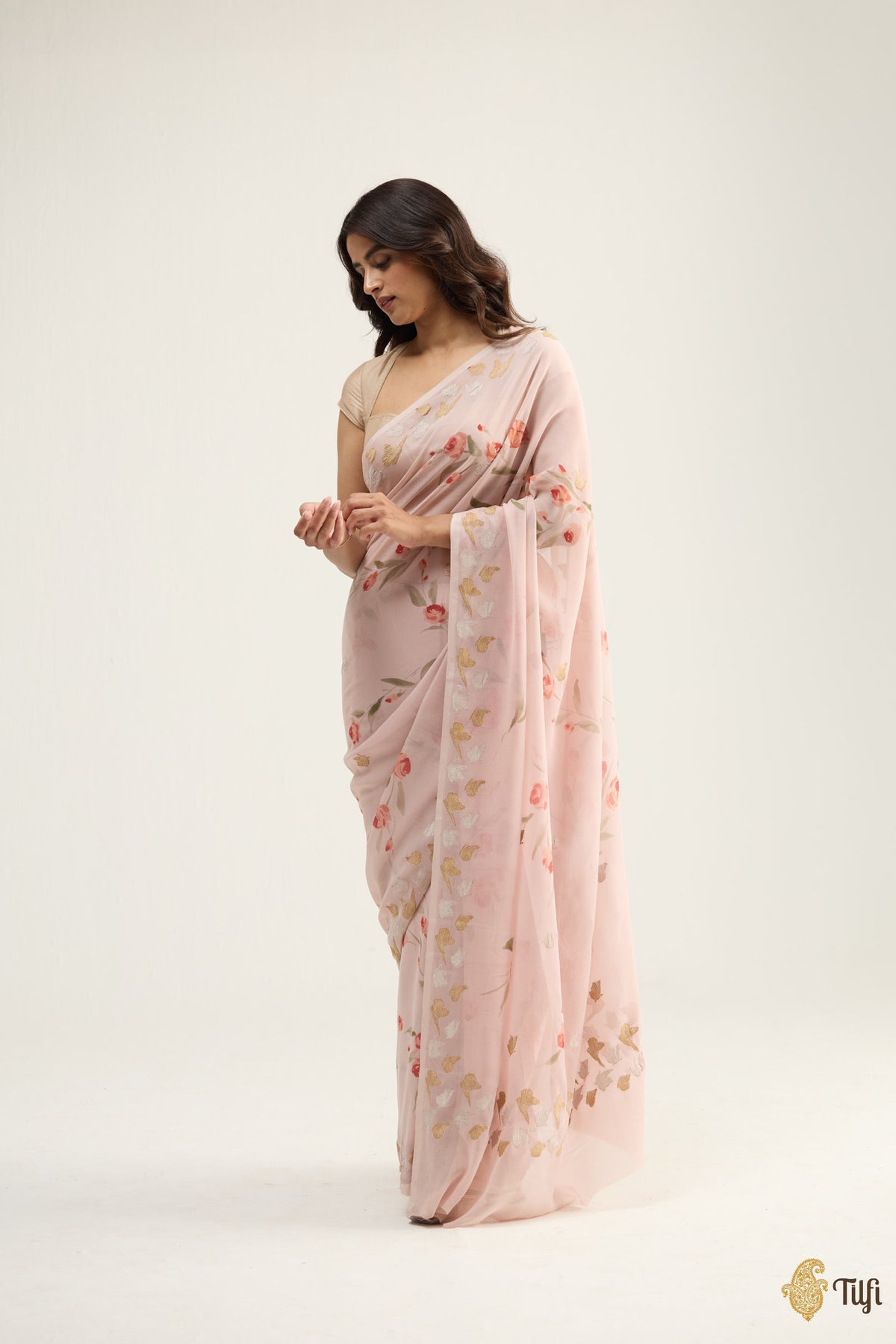 'Painted Lady' Pale Pink Pure Khaddi Georgette Handpainted Banarasi Handloom Saree