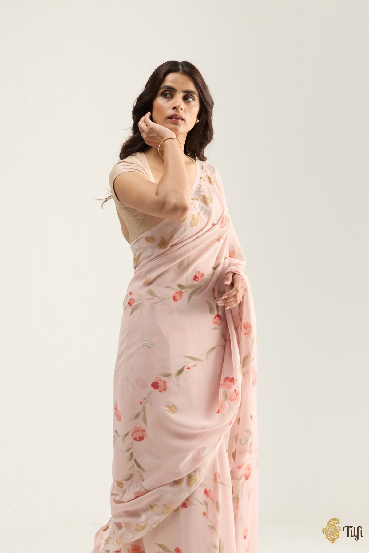 'Painted Lady' Pale Pink Pure Khaddi Georgette Handpainted Banarasi Handloom Saree