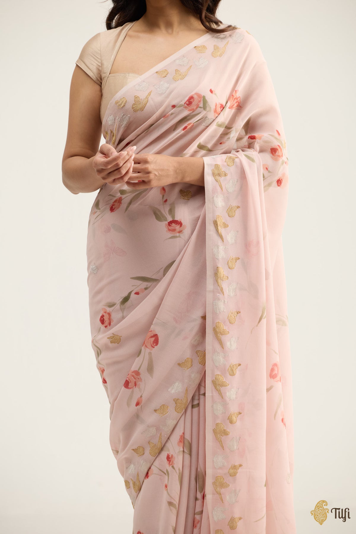 'Painted Lady' Pale Pink Pure Khaddi Georgette Handpainted Banarasi Handloom Saree
