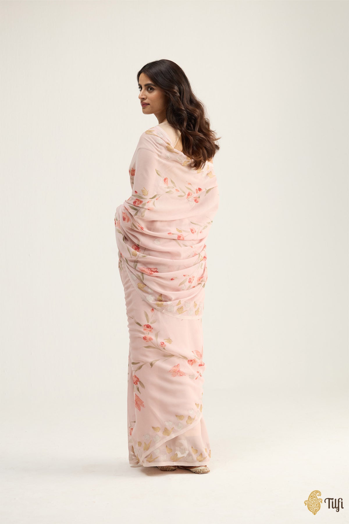 'Painted Lady' Pale Pink Pure Khaddi Georgette Handpainted Banarasi Handloom Saree