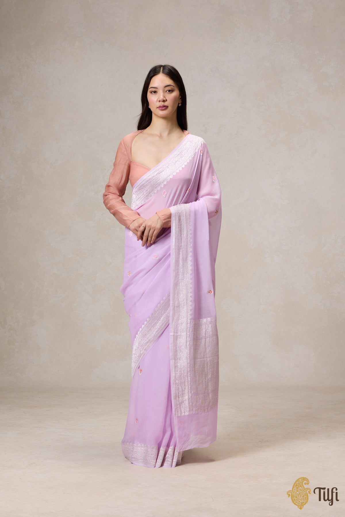 Pre-Order: Light Lavender Pink Pure Khaddi Georgette Banarasi Handloom Saree