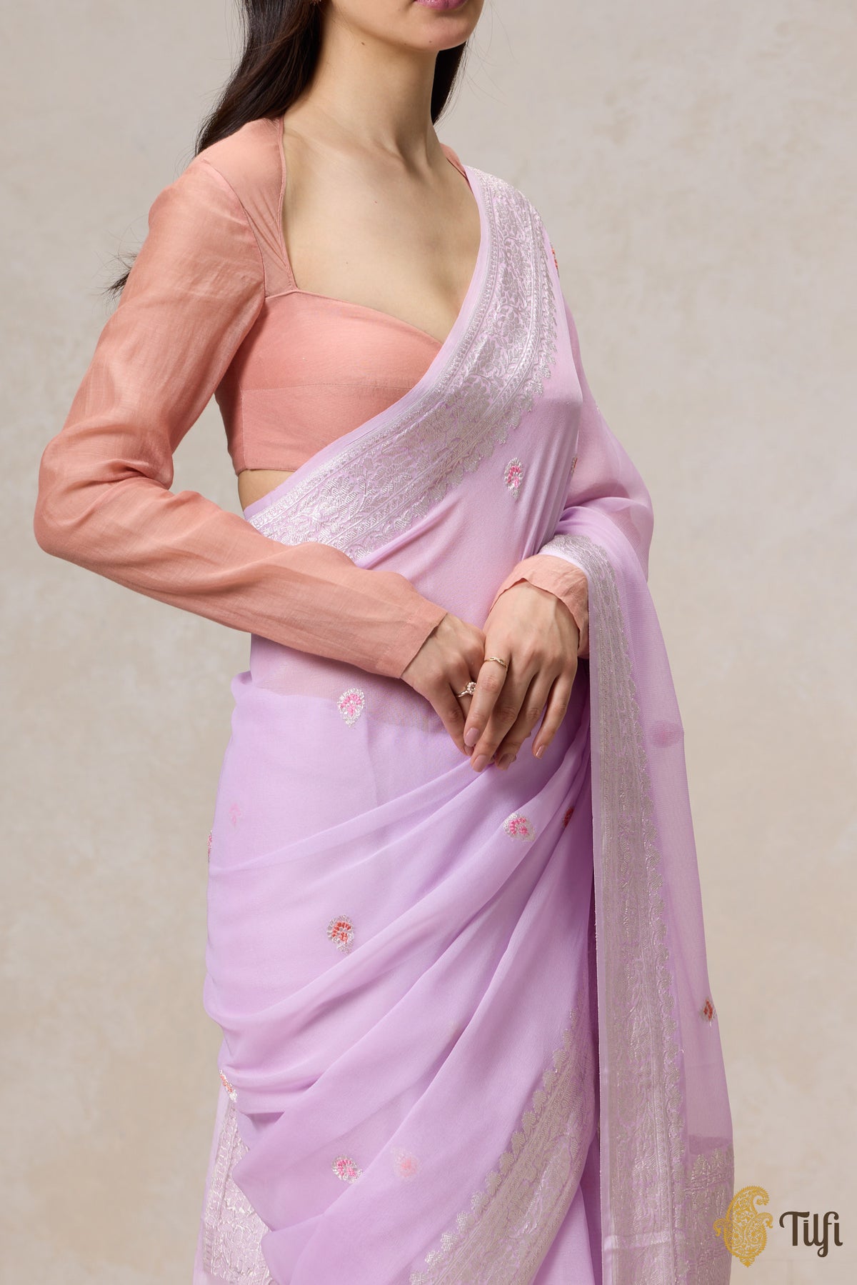 Pre-Order: Light Lavender Pink Pure Khaddi Georgette Banarasi Handloom Saree