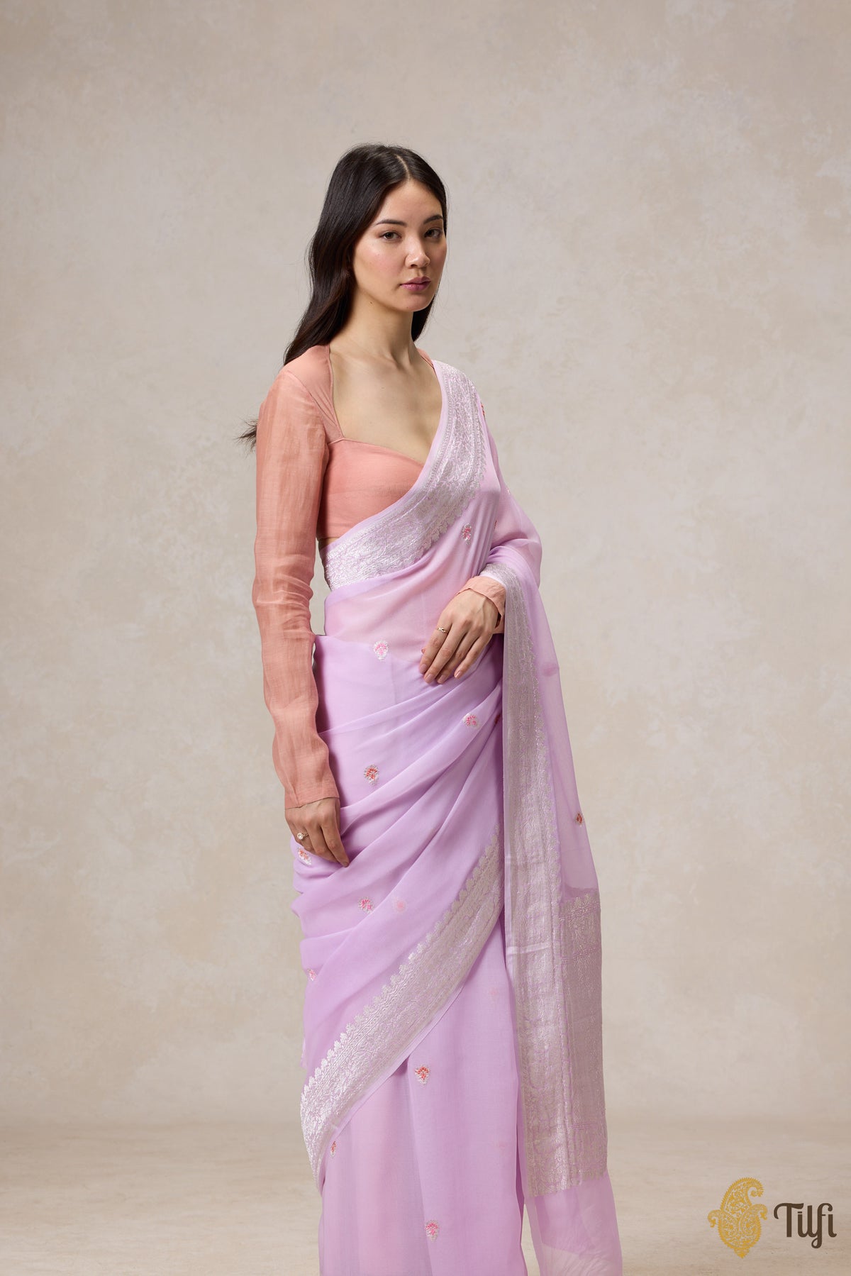 Pre-Order: Light Lavender Pink Pure Khaddi Georgette Banarasi Handloom Saree