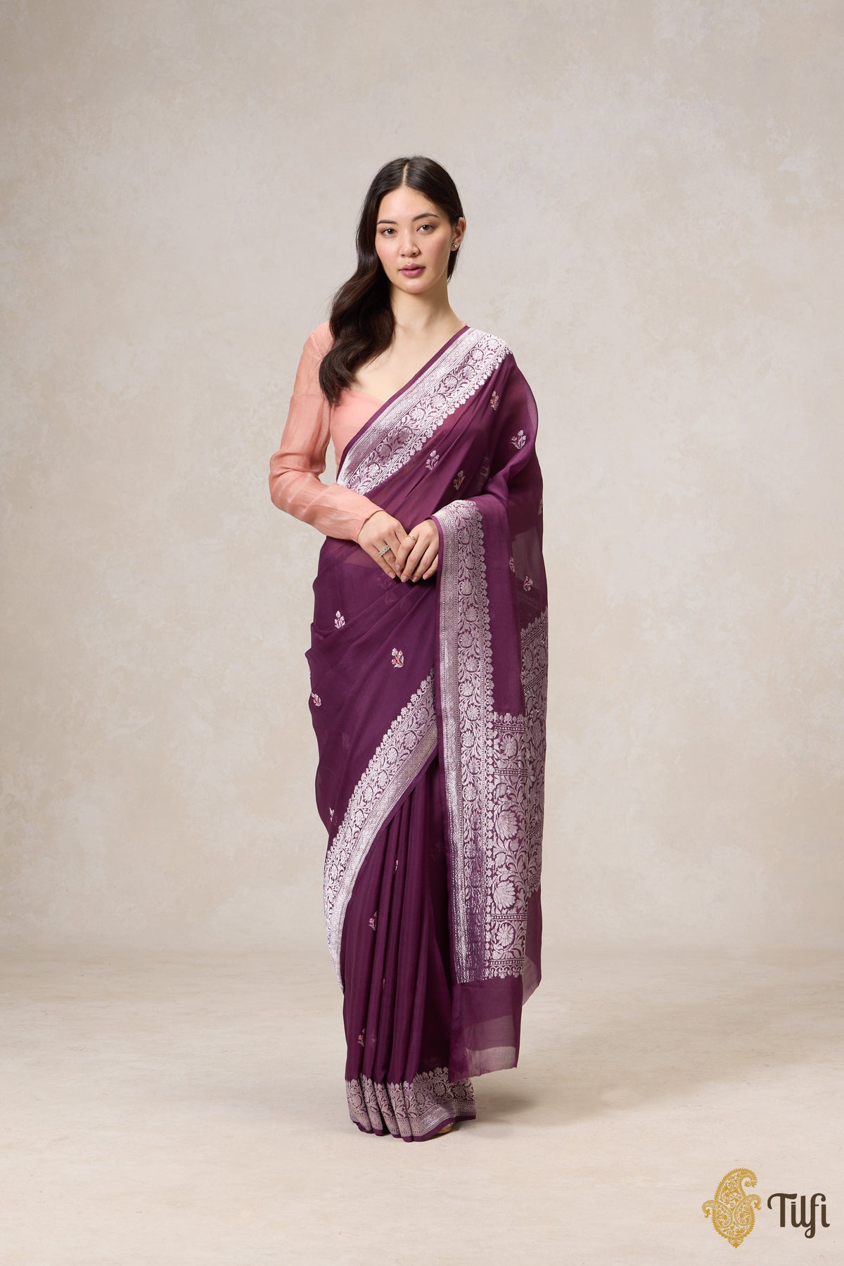 Pre-Order: Blackberry Purple Pure Khaddi Georgette Banarasi Handloom Saree