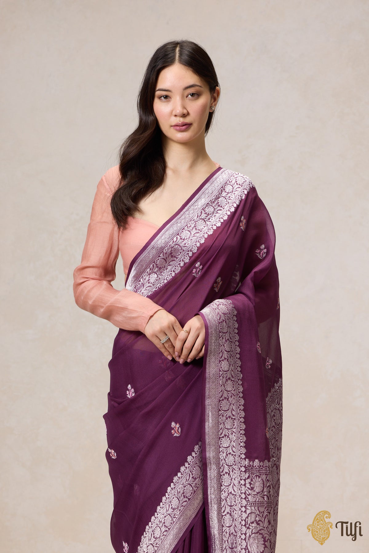 Pre-Order: Blackberry Purple Pure Khaddi Georgette Banarasi Handloom Saree