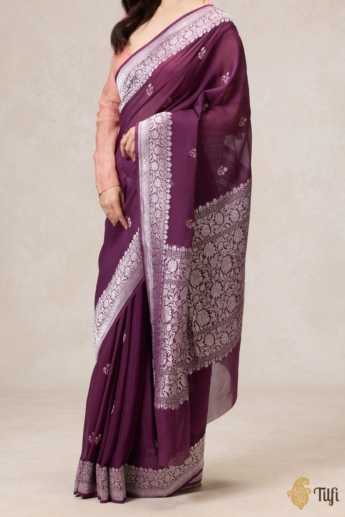 Pre-Order: Blackberry Purple Pure Khaddi Georgette Banarasi Handloom Saree