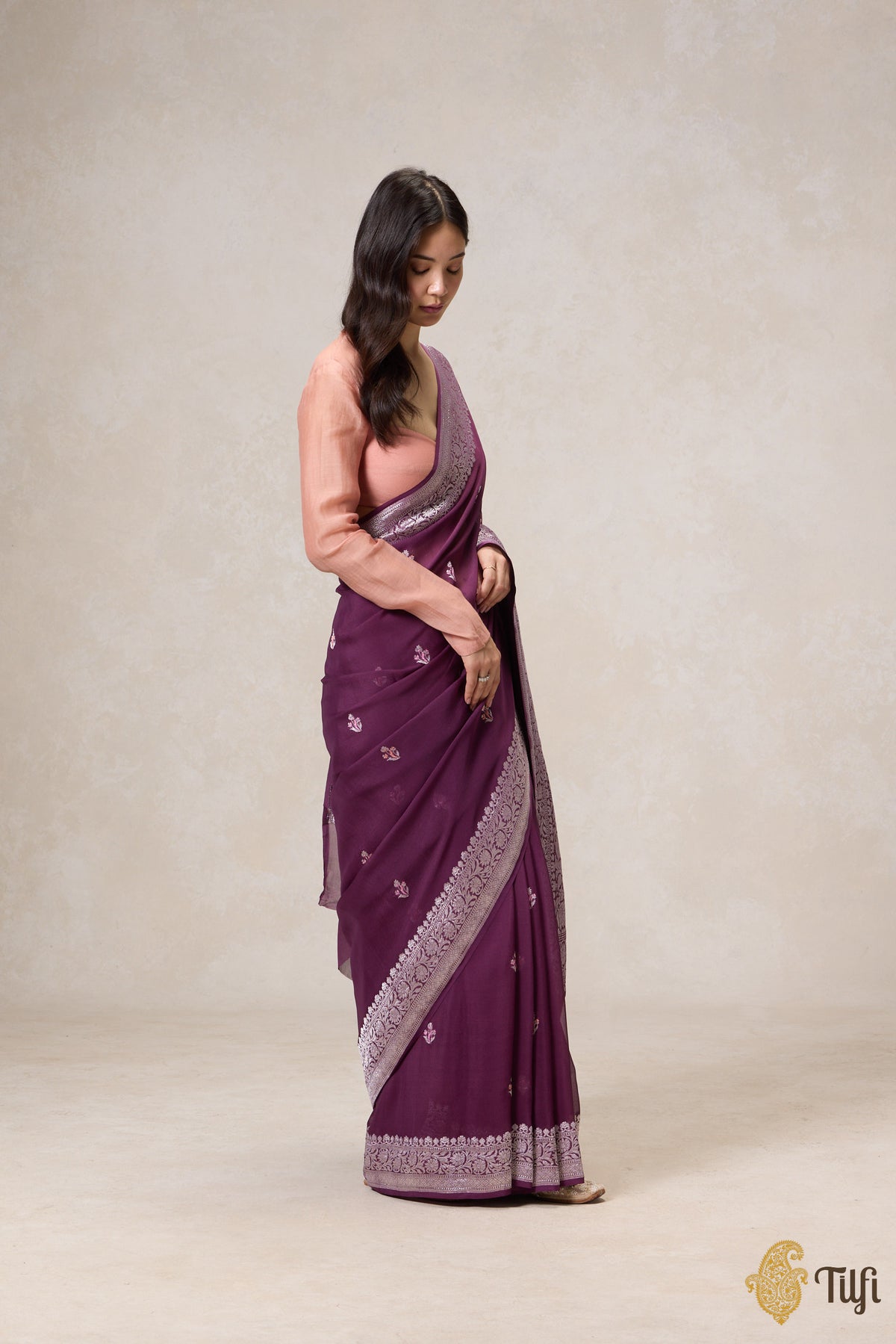 Pre-Order: Blackberry Purple Pure Khaddi Georgette Banarasi Handloom Saree