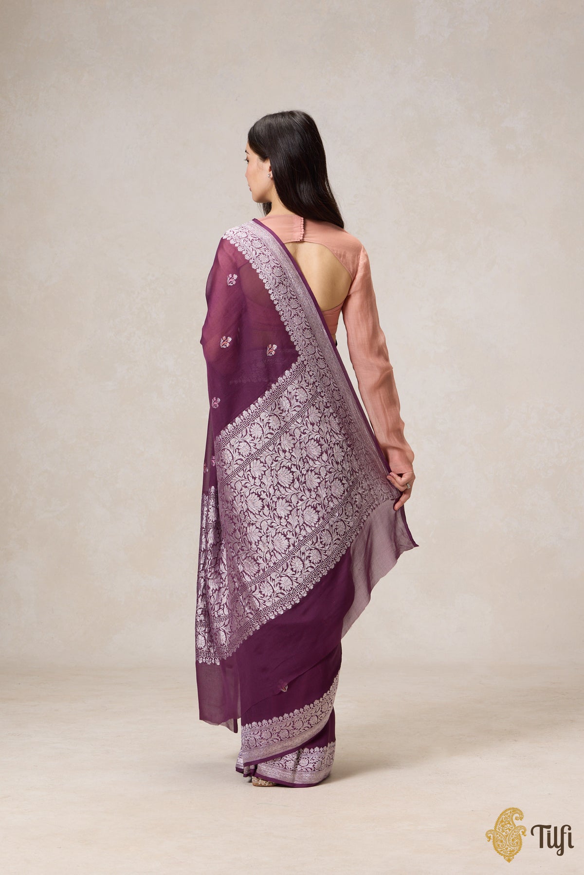 Pre-Order: Blackberry Purple Pure Khaddi Georgette Banarasi Handloom Saree