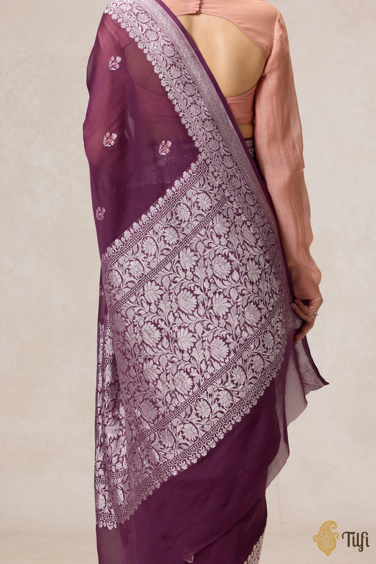 Pre-Order: Blackberry Purple Pure Khaddi Georgette Banarasi Handloom Saree