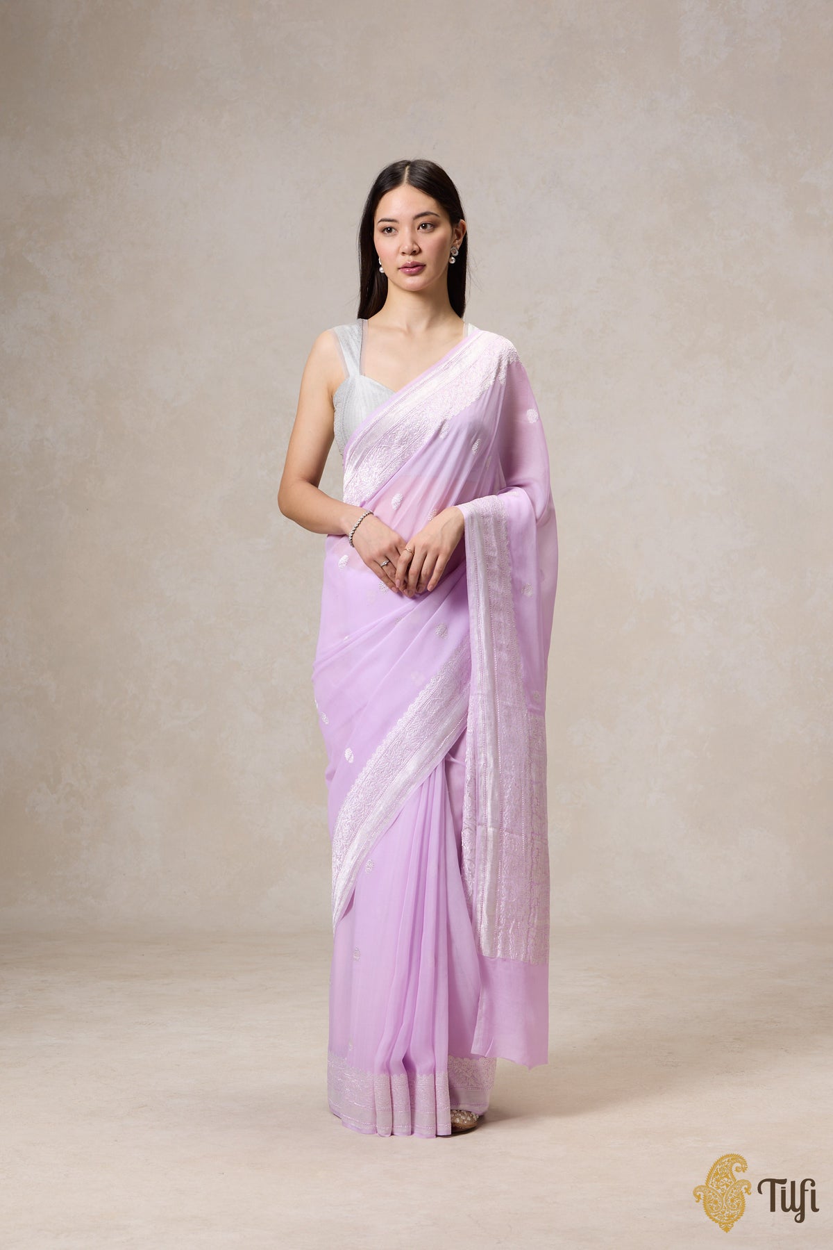 Light Lavender Pure Khaddi Georgette Banarasi Handloom Saree