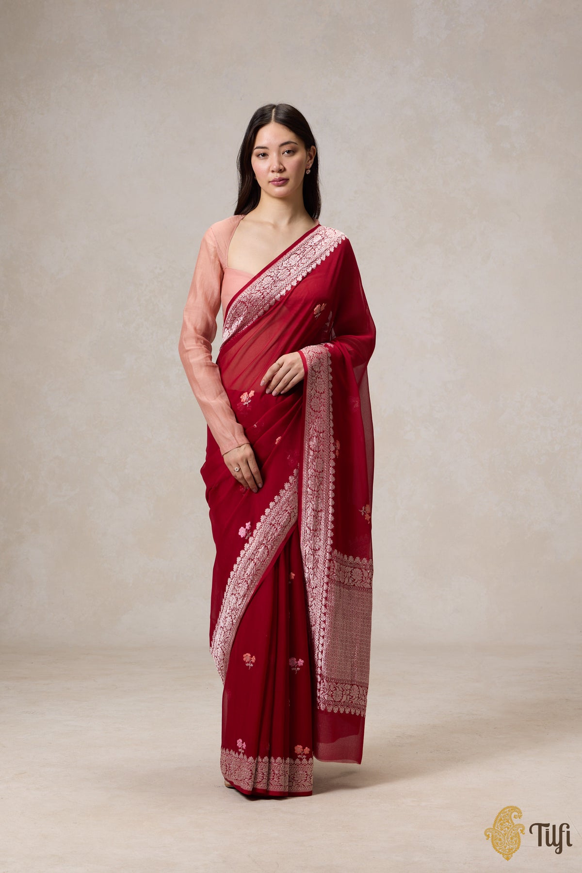 Pre-Order: Deep Red Pure Khaddi Georgette Banarasi Handloom Saree