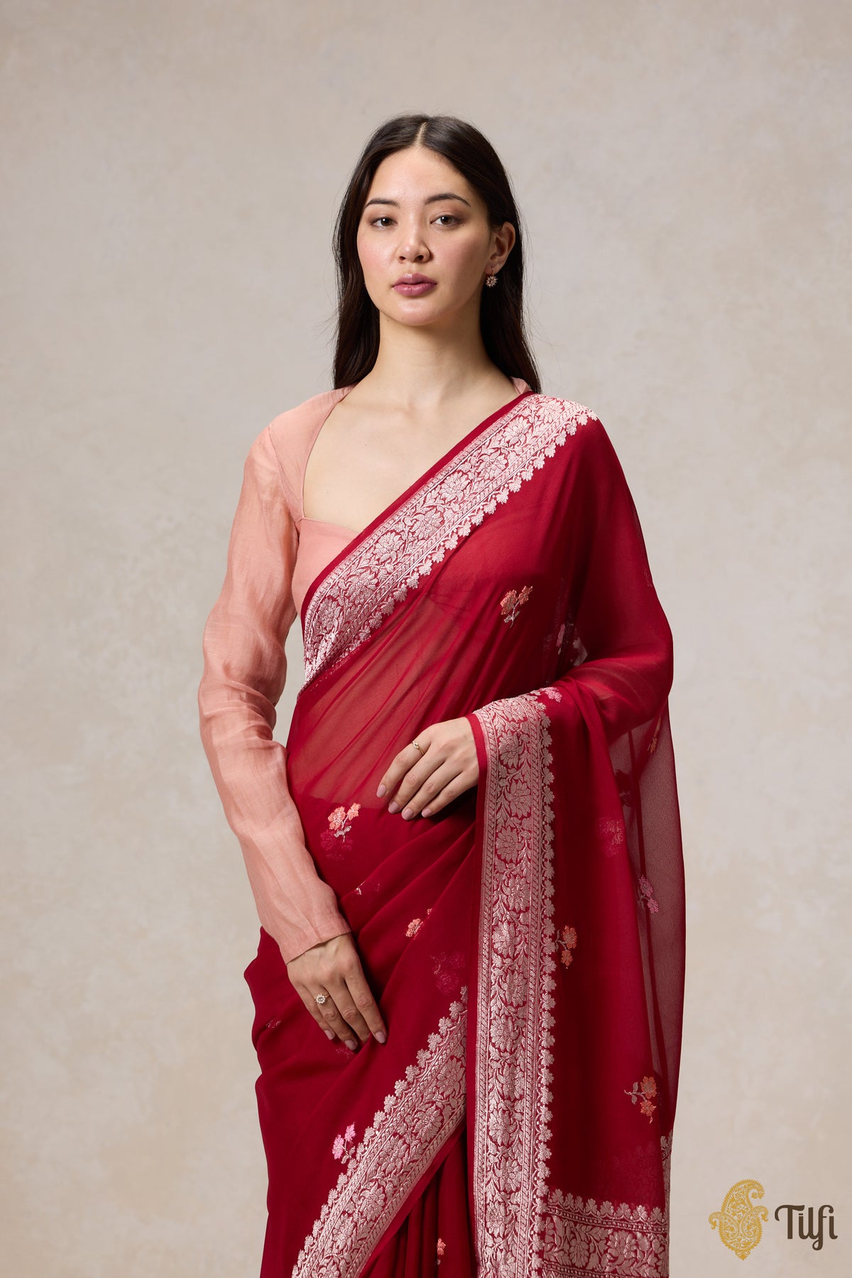 Pre-Order: Deep Red Pure Khaddi Georgette Banarasi Handloom Saree