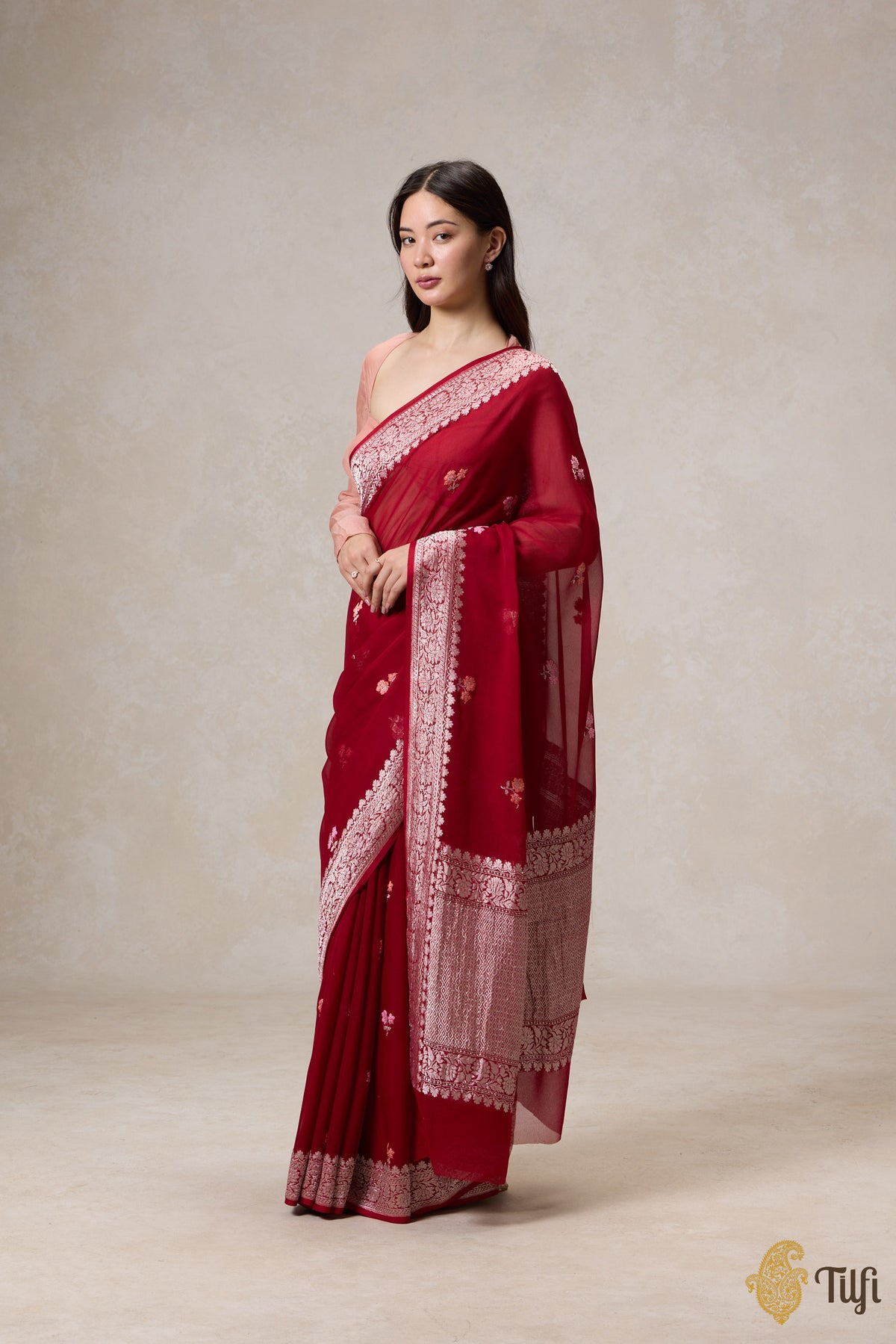 Pre-Order: Deep Red Pure Khaddi Georgette Banarasi Handloom Saree