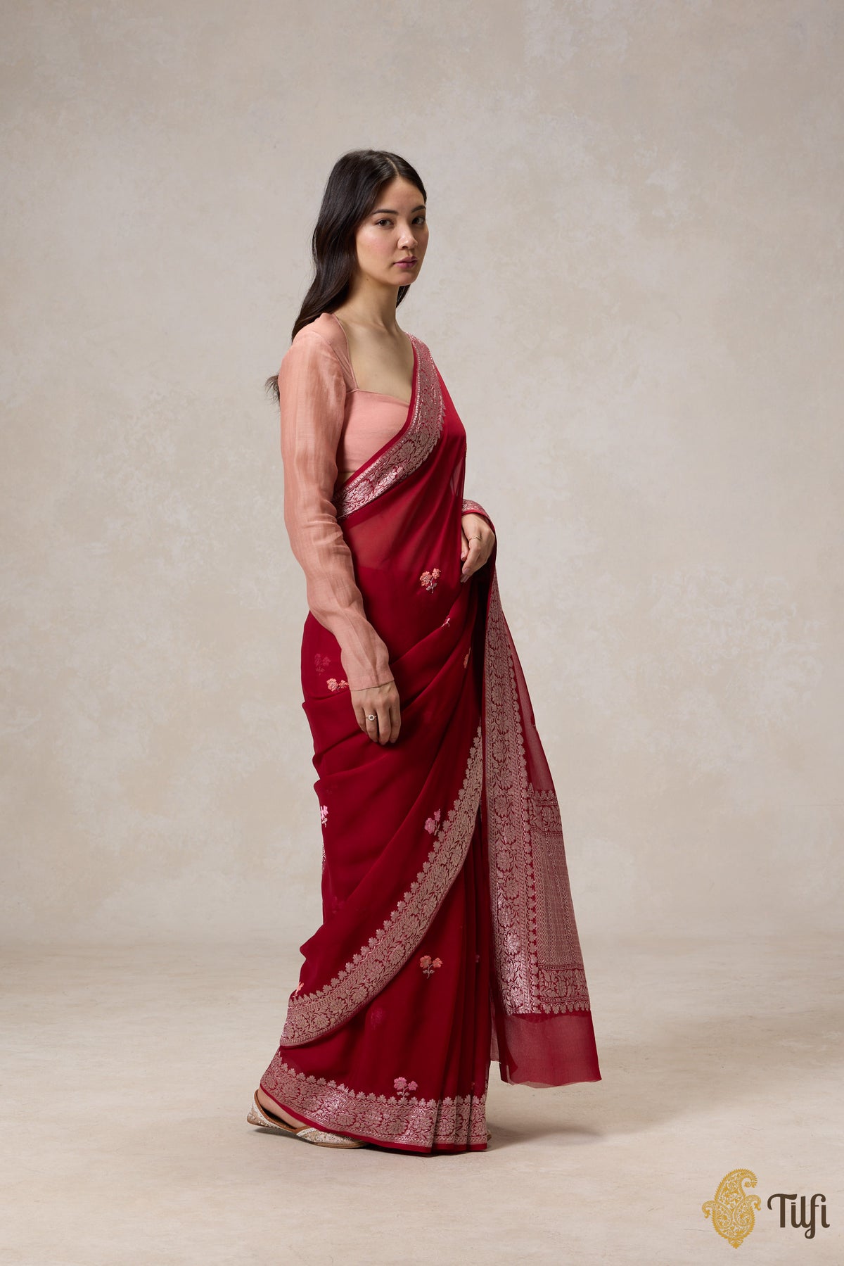 Pre-Order: Deep Red Pure Khaddi Georgette Banarasi Handloom Saree