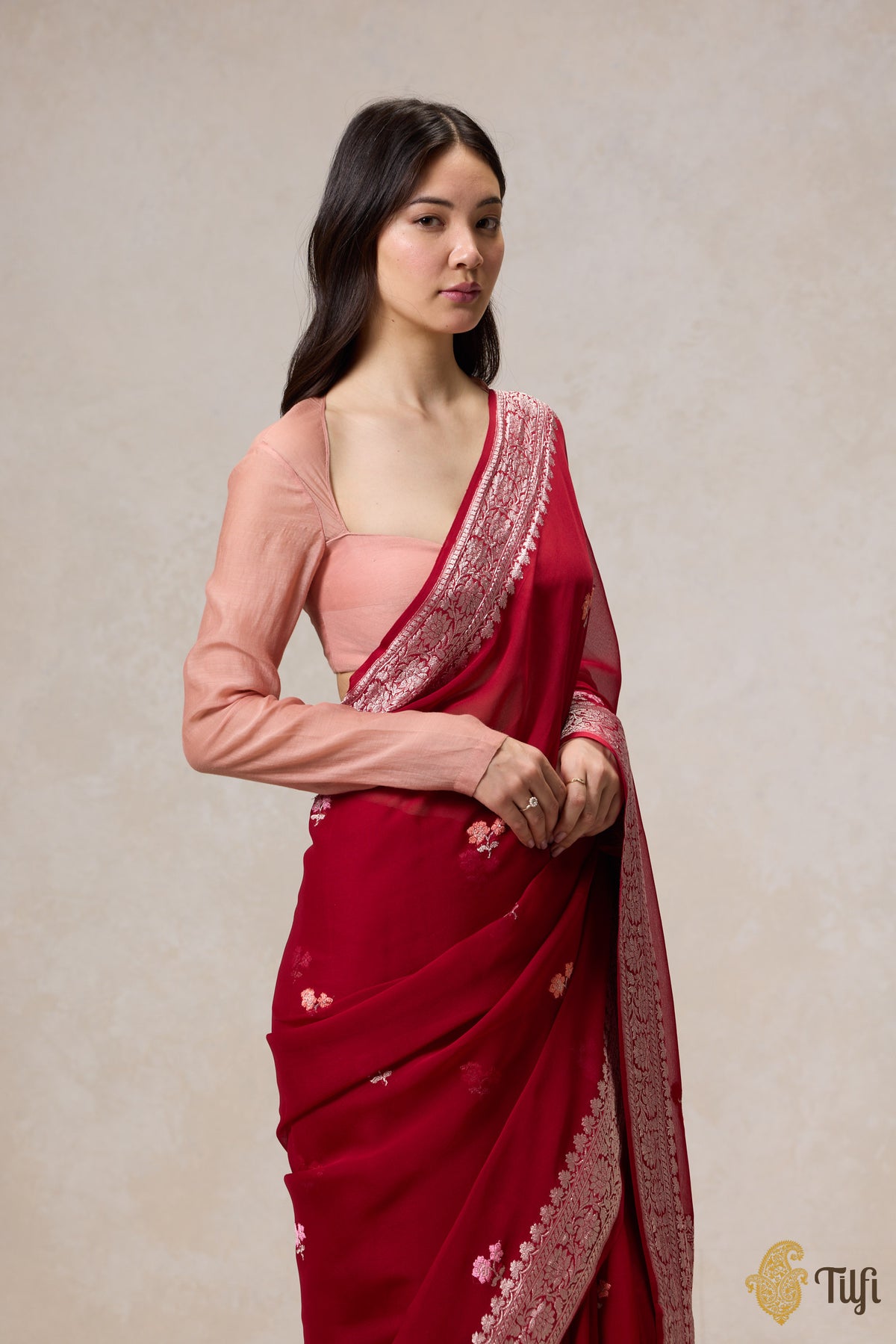 Pre-Order: Deep Red Pure Khaddi Georgette Banarasi Handloom Saree