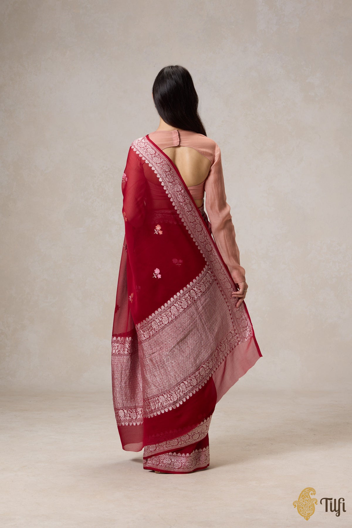 Pre-Order: Deep Red Pure Khaddi Georgette Banarasi Handloom Saree