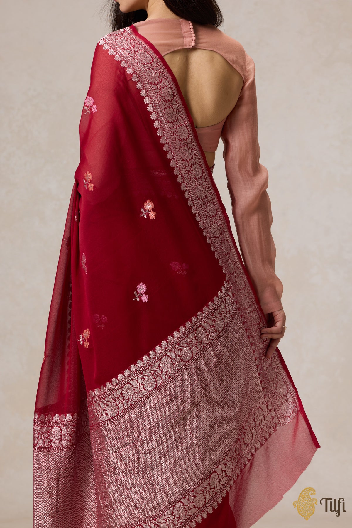 Pre-Order: Deep Red Pure Khaddi Georgette Banarasi Handloom Saree