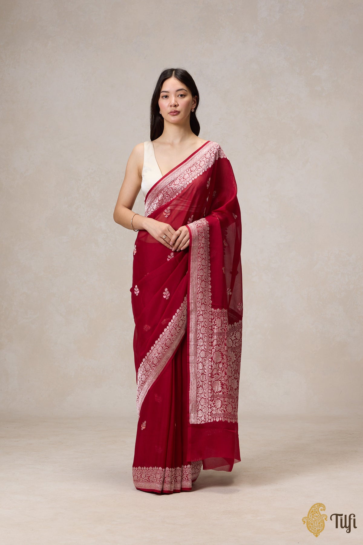 Pre-Order: Deep Red Pure Khaddi Georgette Banarasi Handloom Saree