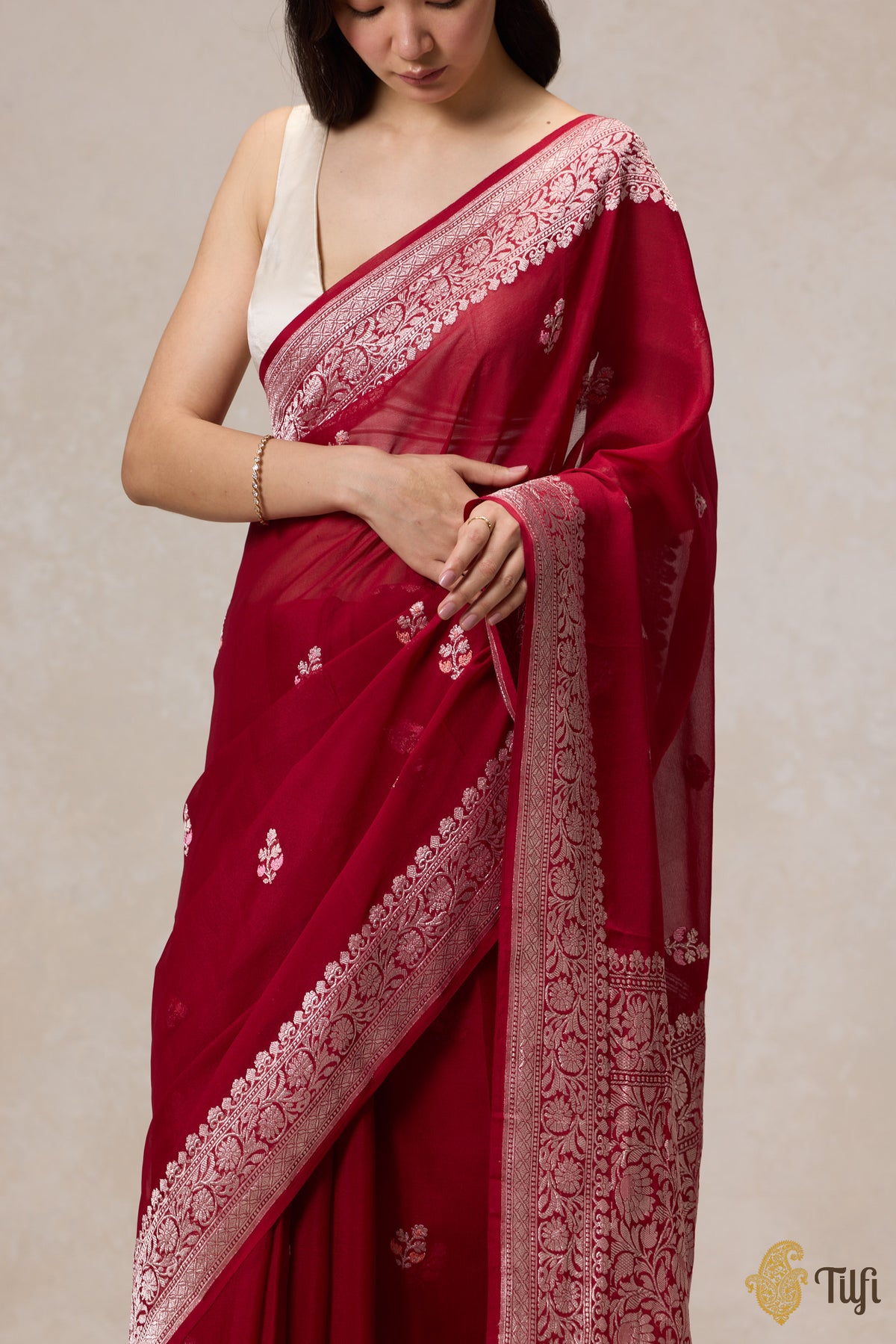 Pre-Order: Deep Red Pure Khaddi Georgette Banarasi Handloom Saree