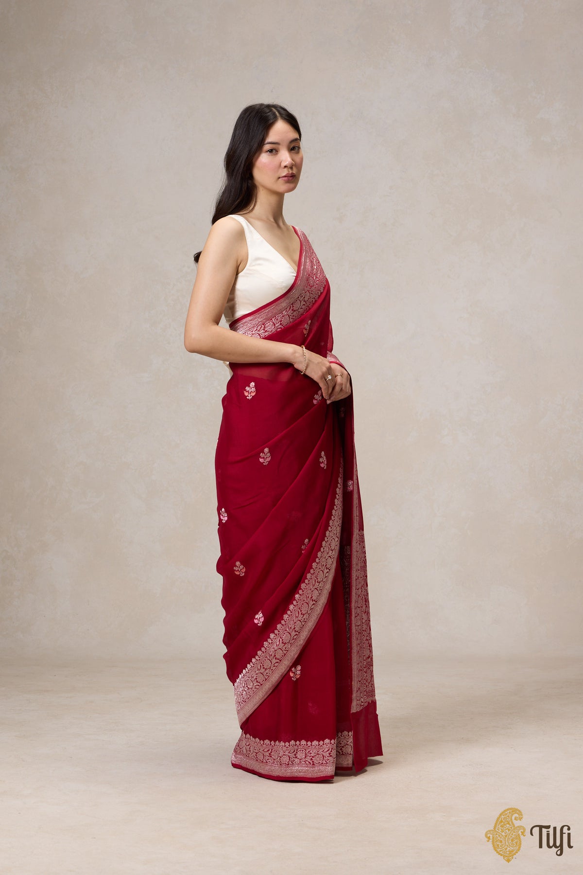 Pre-Order: Deep Red Pure Khaddi Georgette Banarasi Handloom Saree