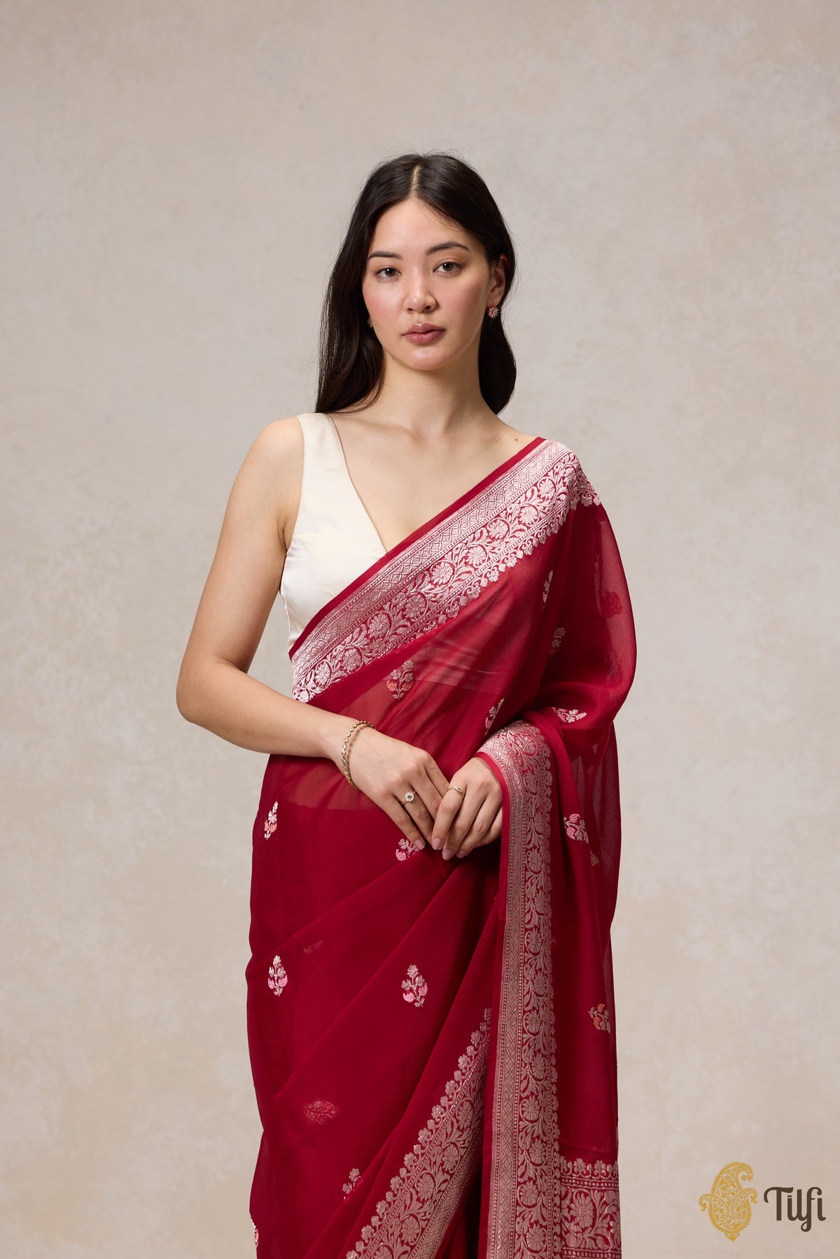 Pre-Order: Deep Red Pure Khaddi Georgette Banarasi Handloom Saree