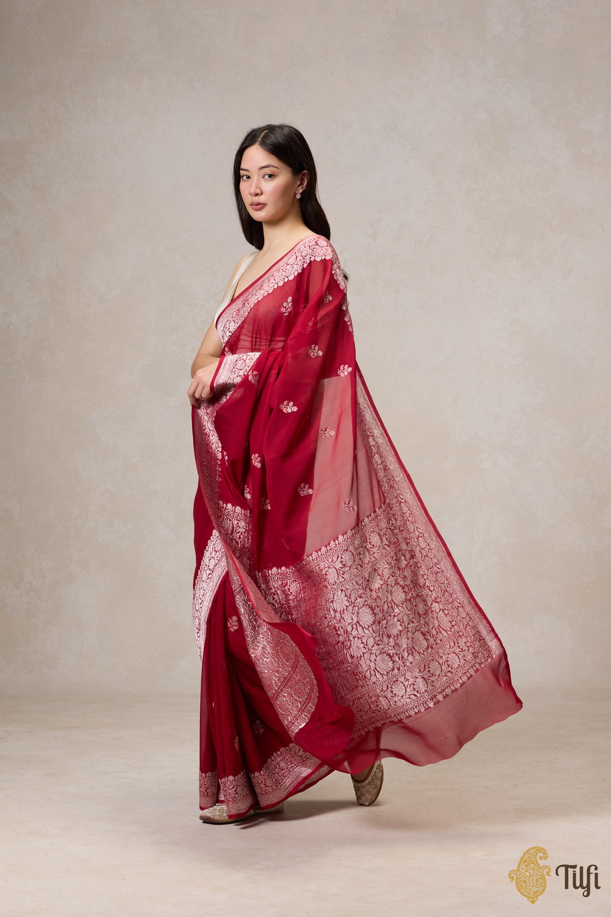 Pre-Order: Deep Red Pure Khaddi Georgette Banarasi Handloom Saree